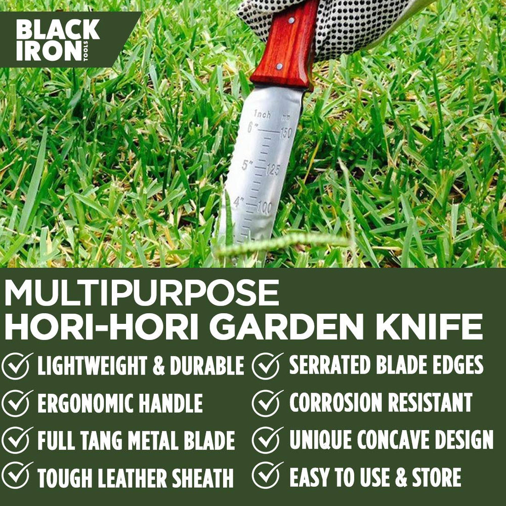 Black Iron Hori Hori Garden Knife with leather sheath and sharpening stone