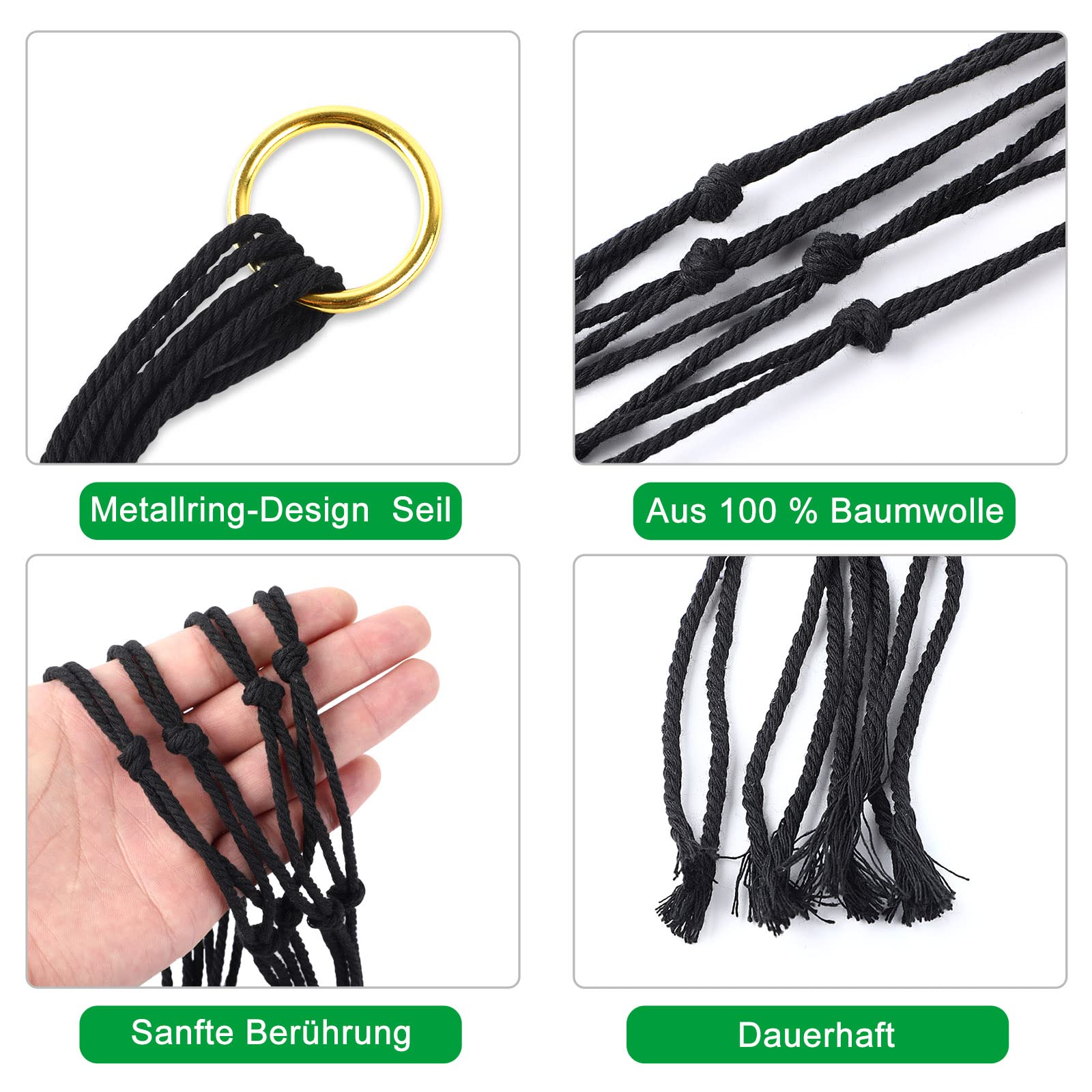 Black macramé plant hanger suspended from a ceiling