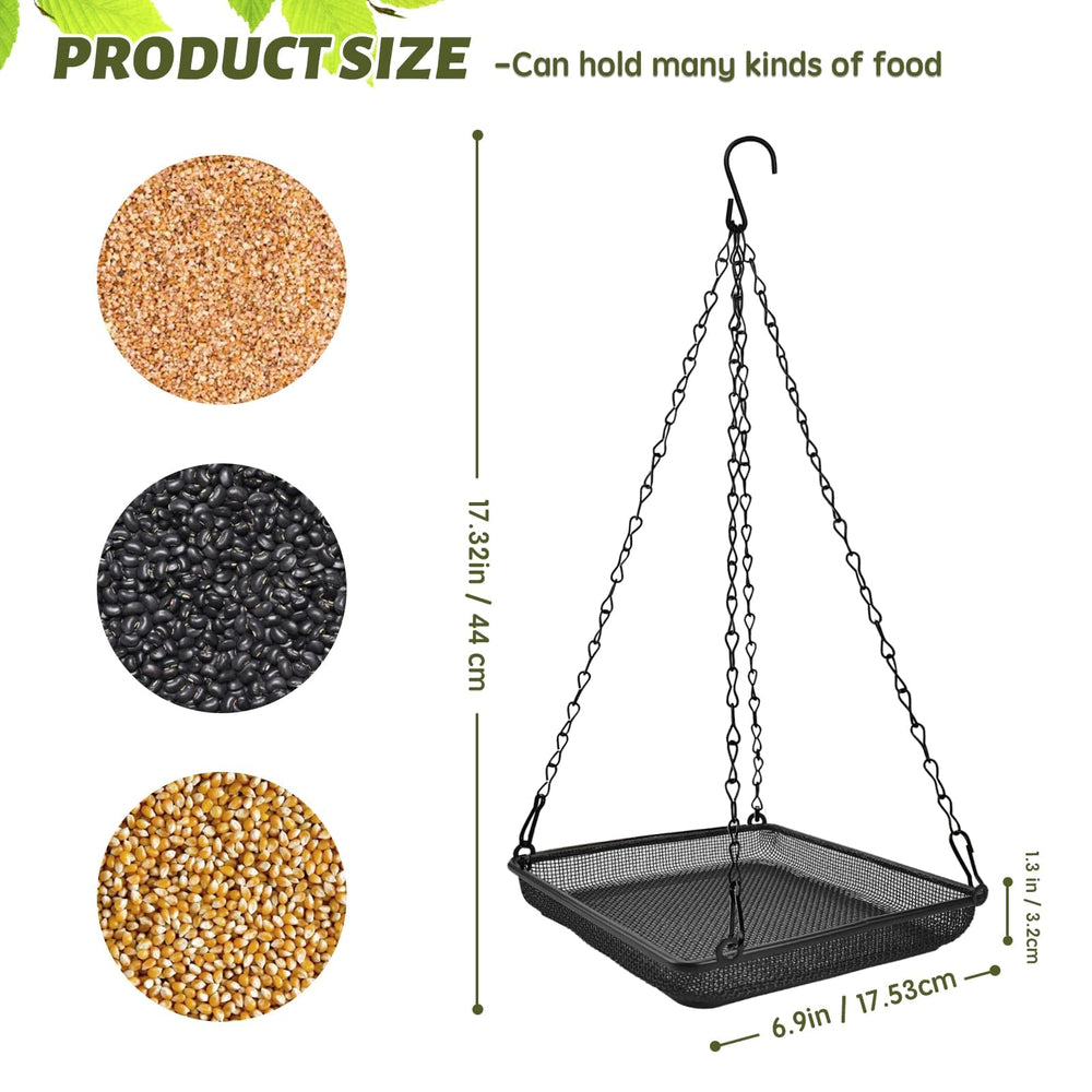 Black metal mesh bird feeder tray with seeds
