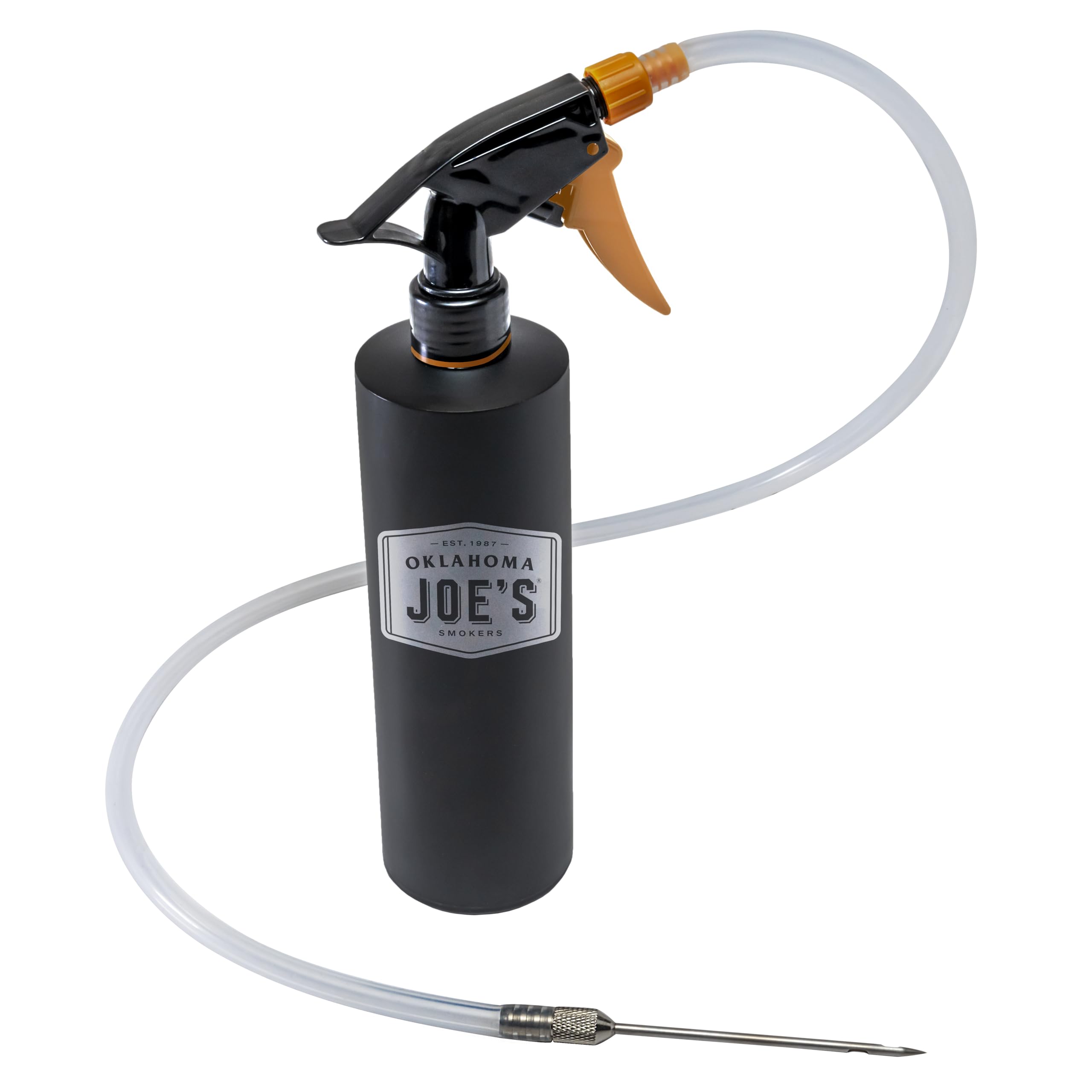 Black Oklahoma Joe's spray bottle and injector on outdoor grill