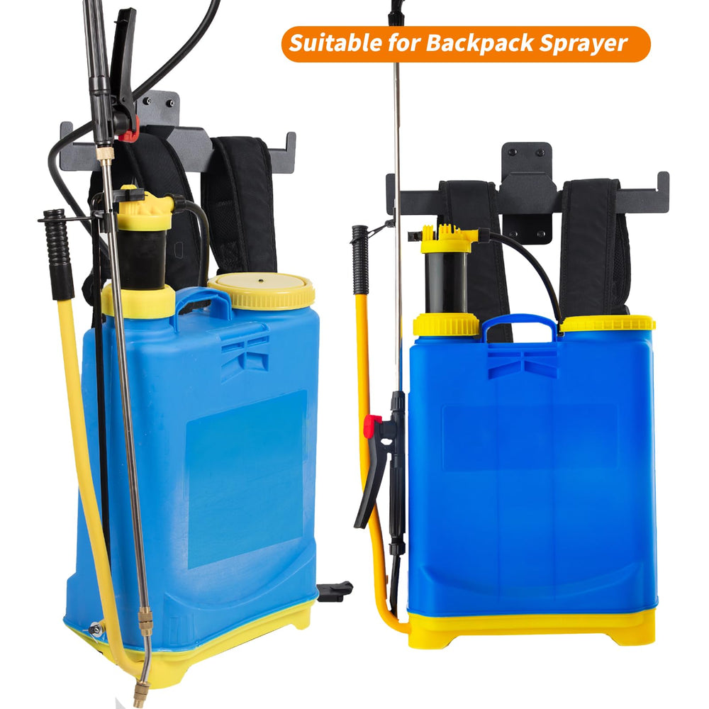 Black steel FYXMI Backpack Blower Rack mounted on concrete wall