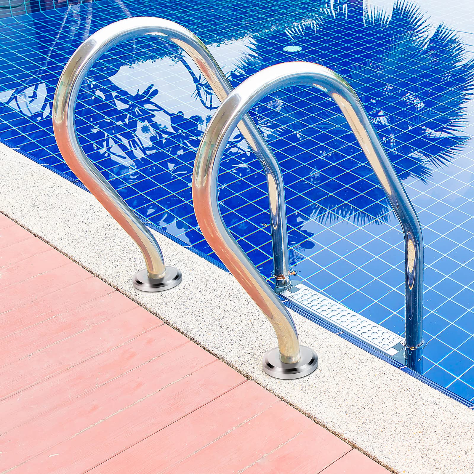 Blasoul Pool Ladder Escutcheon Plate in use on a residential pool