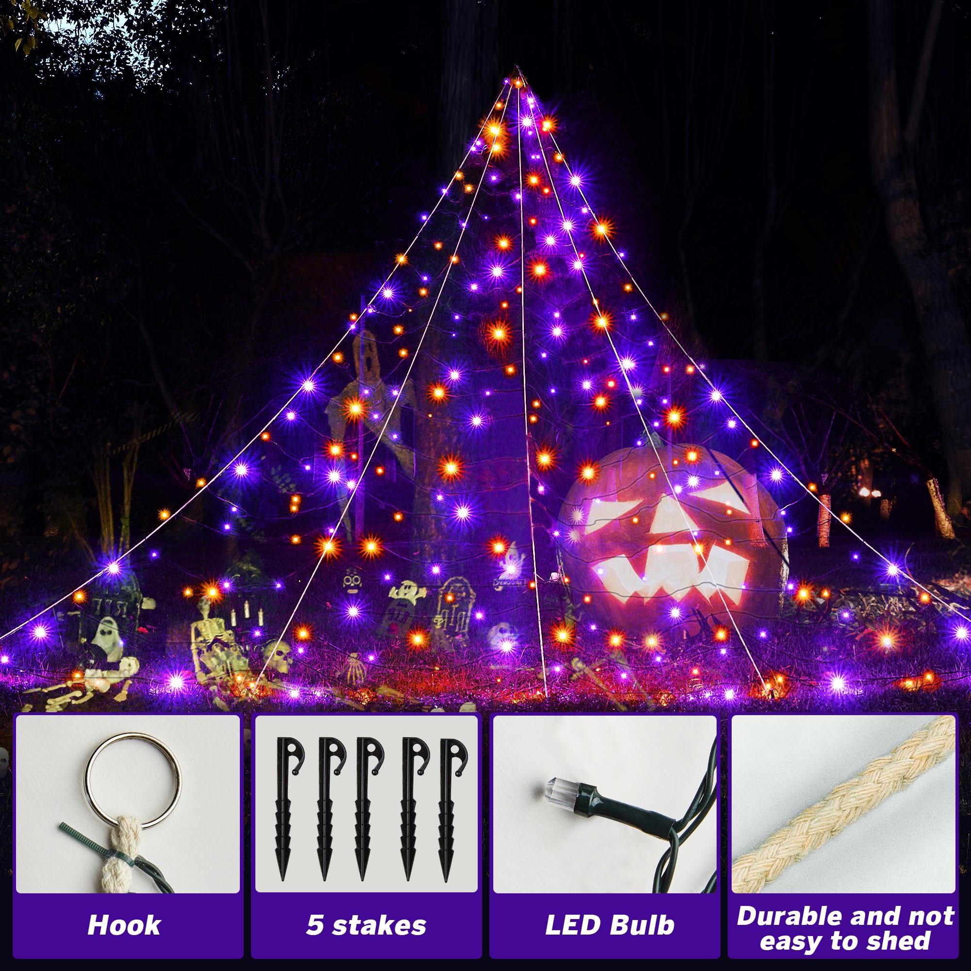 BlcTec Halloween spider web in garden display at night