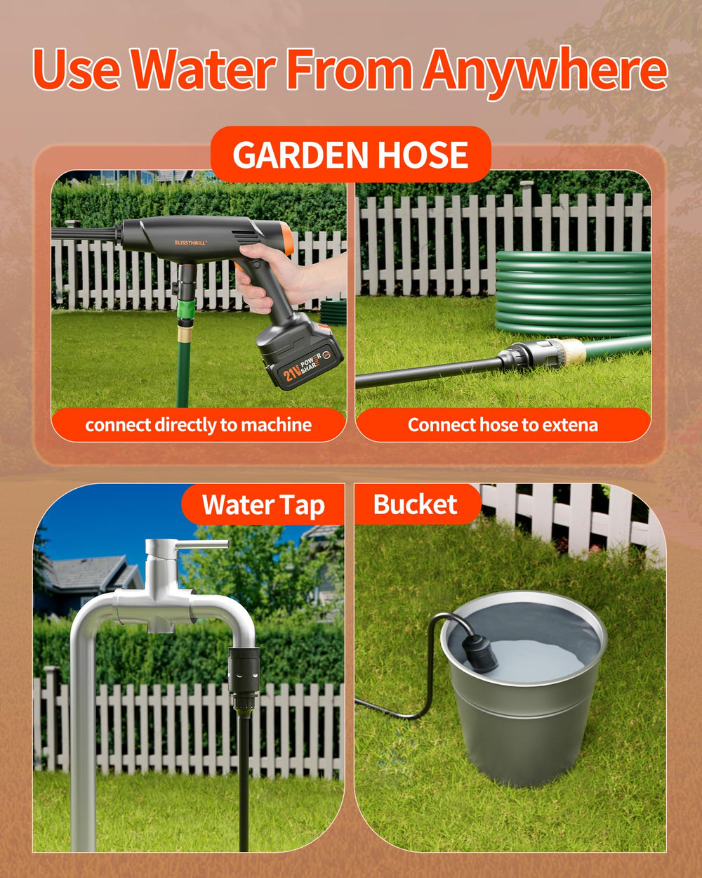 Blissthrill Washer demonstrating multiple water source connections