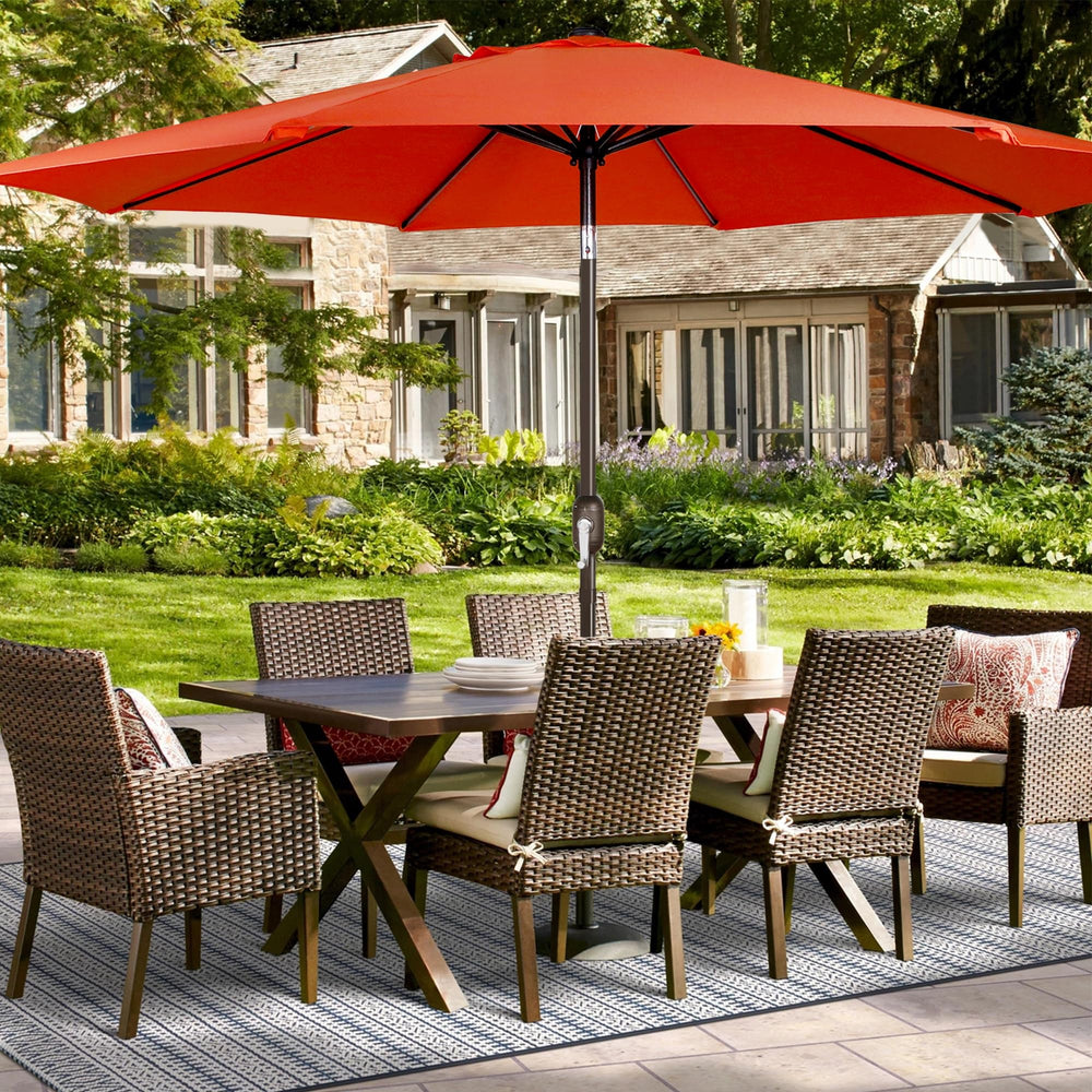 Blissun 9ft Patio Umbrella Canopy in orange against a sunny patio