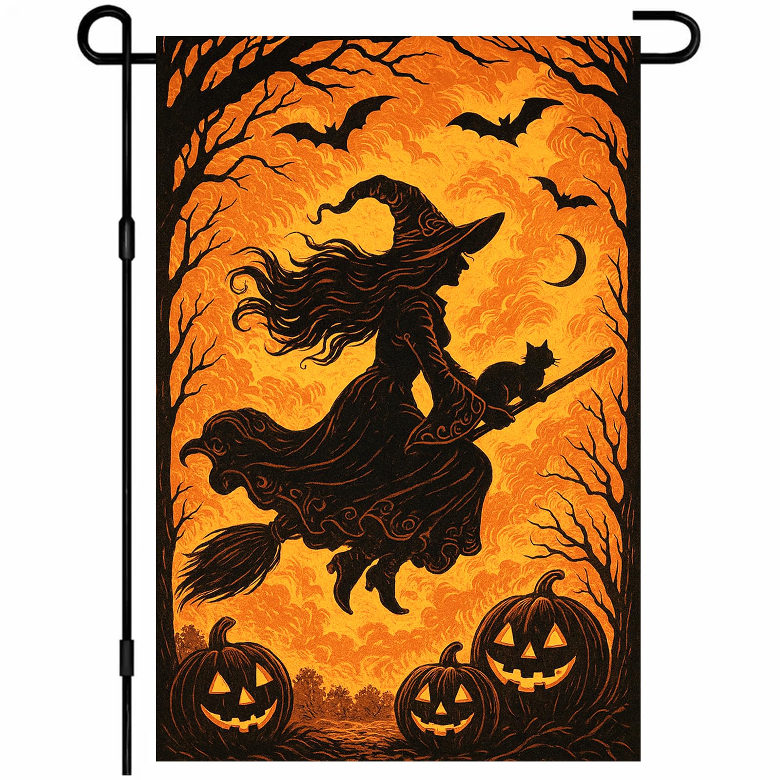 BlissYard Flying Witch Halloween Garden Flag front view with vibrant design