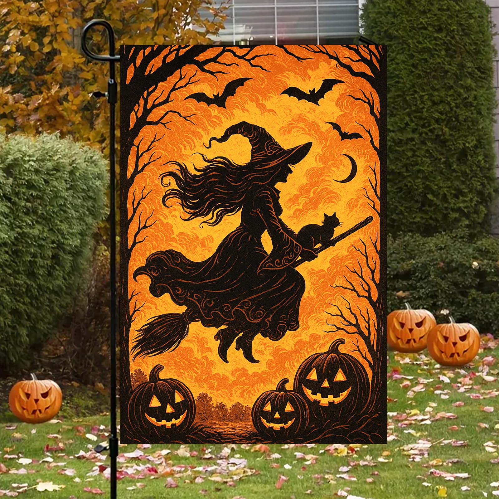 BlissYard Flying Witch Halloween Garden Flag in outdoor setting