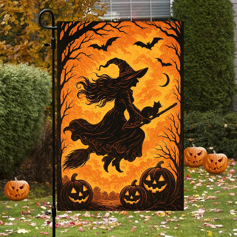 BlissYard Flying Witch Halloween Garden Flag in outdoor setting
