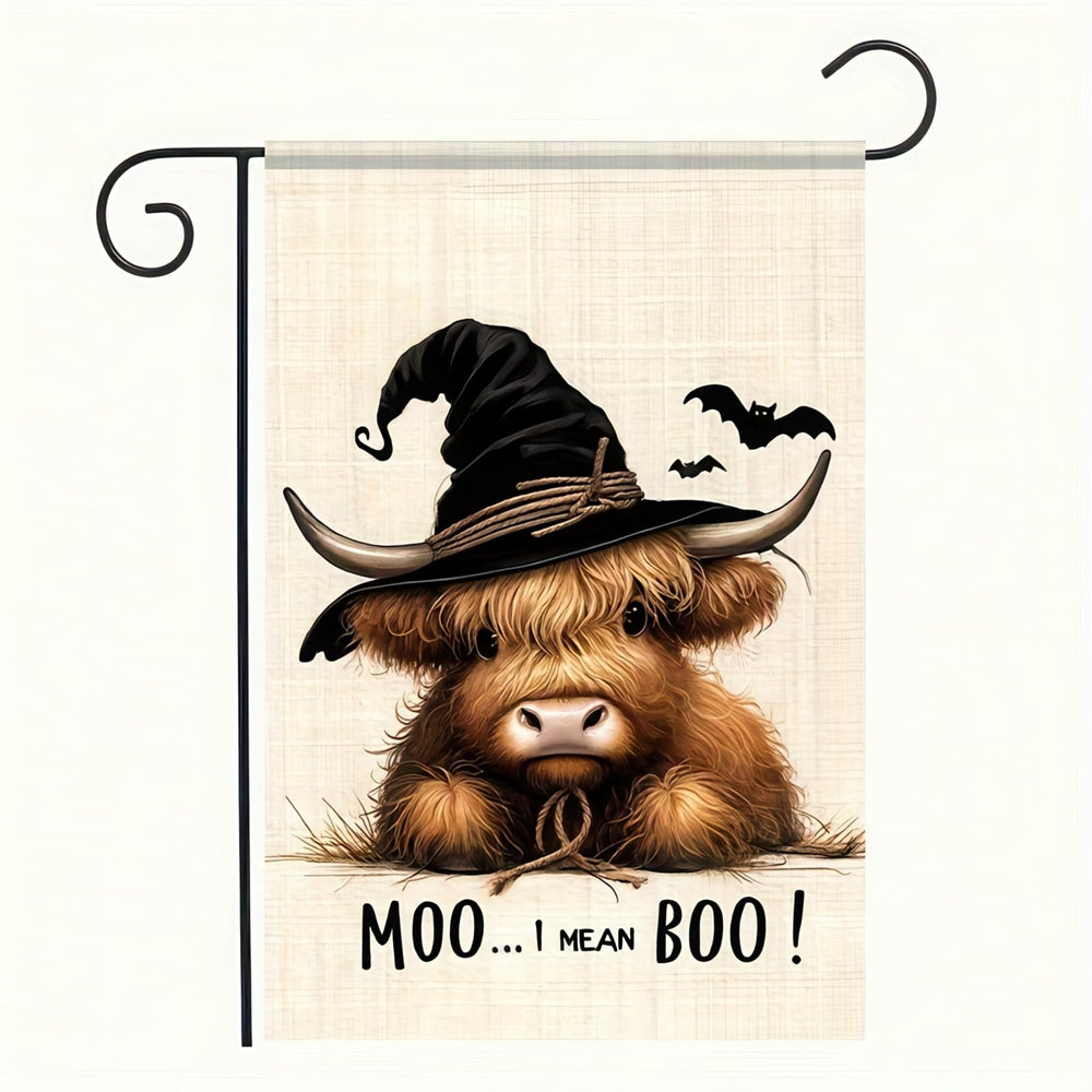 BlissYard Halloween Garden Flag featuring Witch Highland Cow design