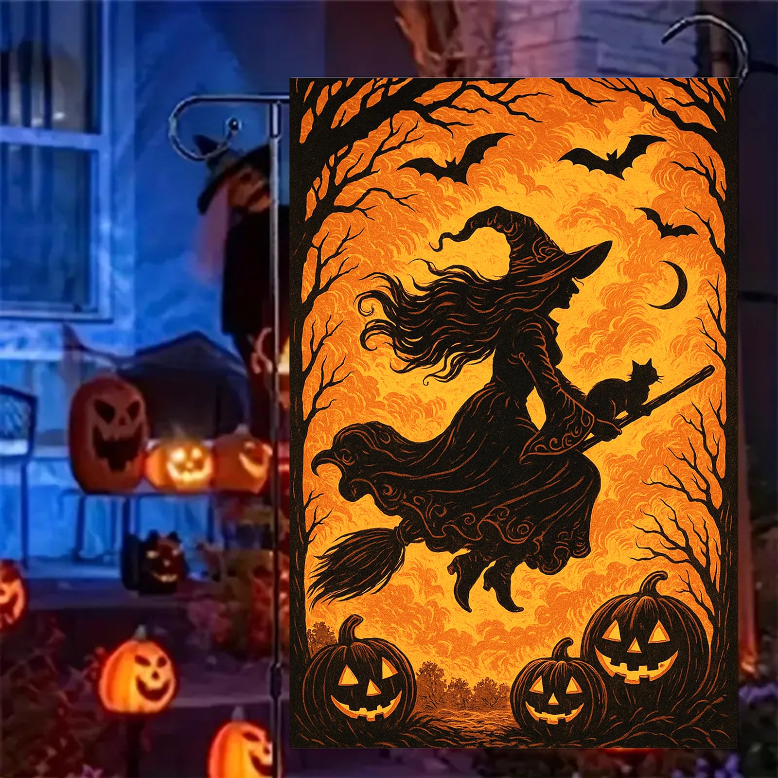 BlissYard Halloween garden flag surrounded by autumn leaves