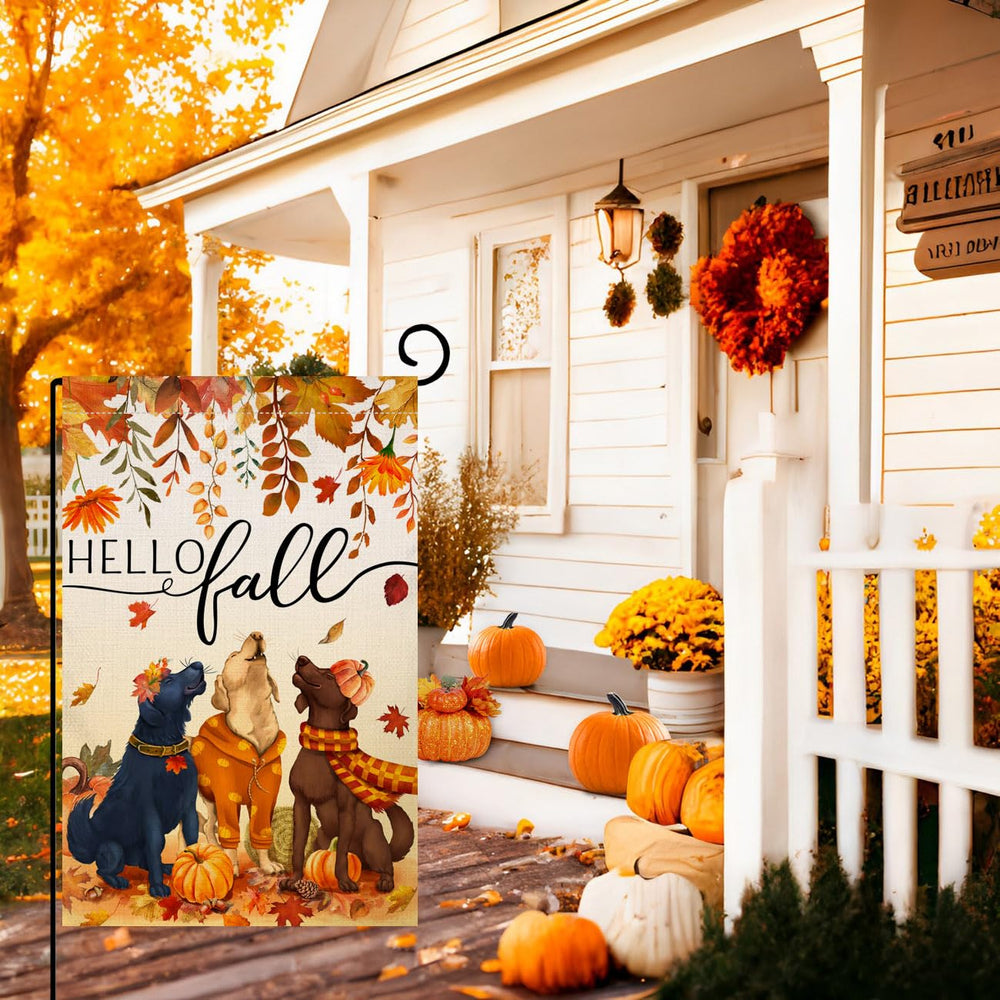 BLKWHT Fall Dog Garden Flag 12x18 double-sided design on display