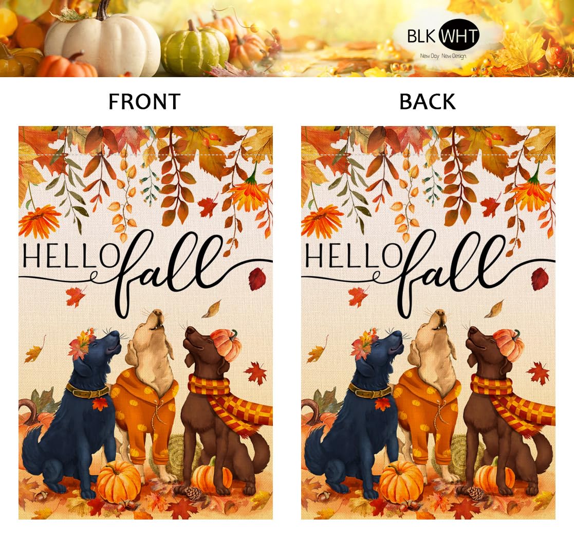 BLKWHT Fall Dog Garden Flag against a backdrop of autumn scenery