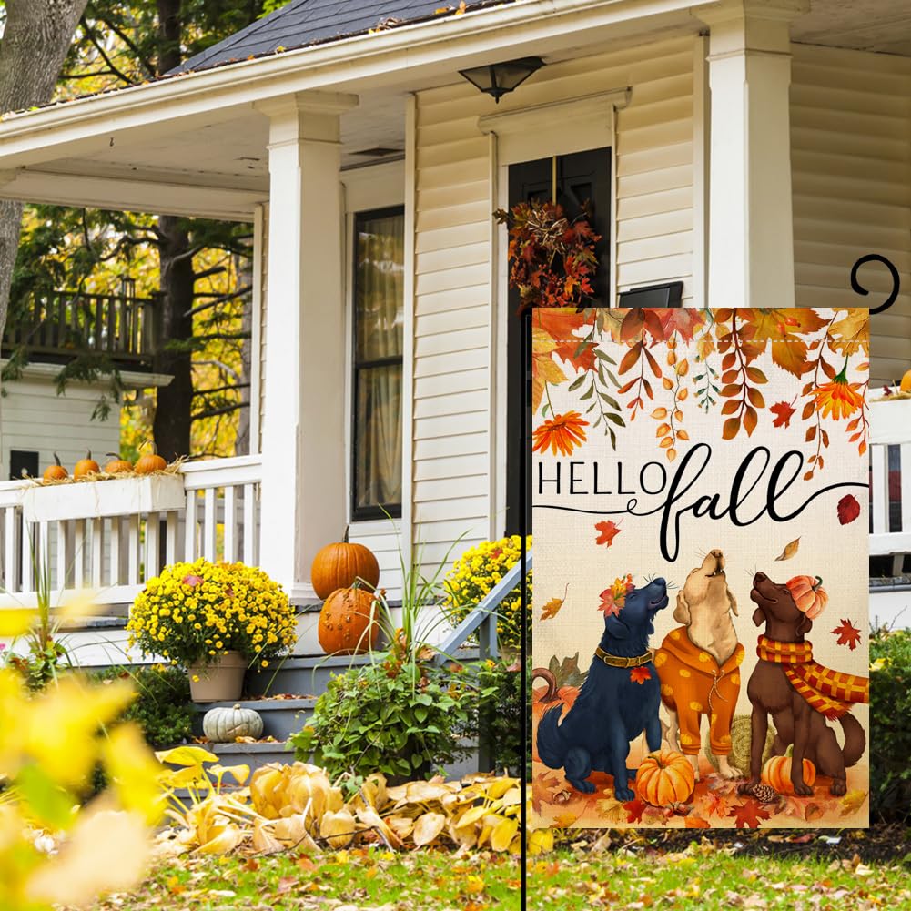 BLKWHT Fall Dog Garden Flag in a garden setting