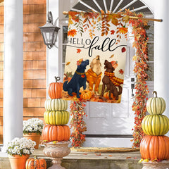 BLKWHT Fall Dog House Flag hanging on a porch