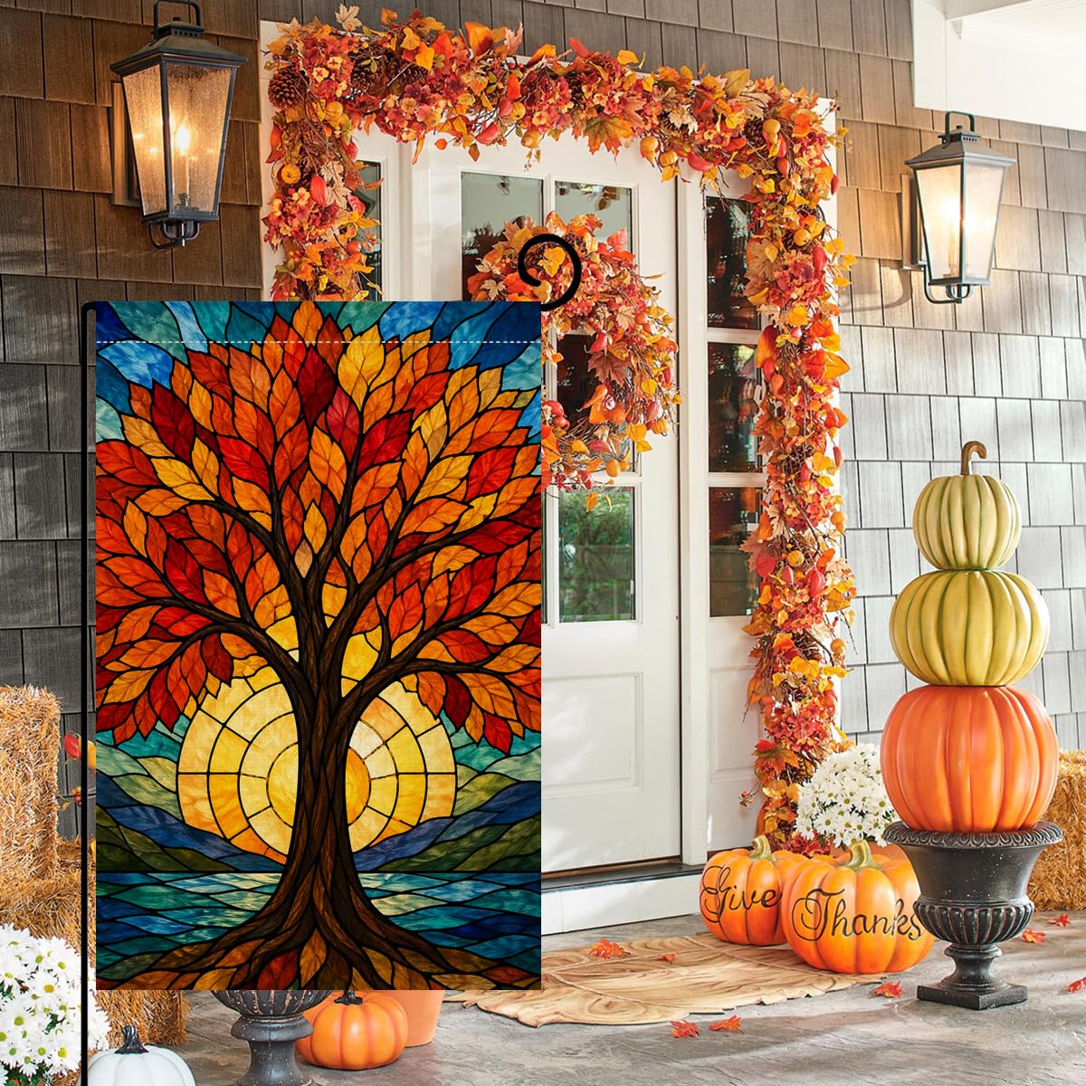 BLKWHT Fall Garden Flag displayed on a standard garden flag stand