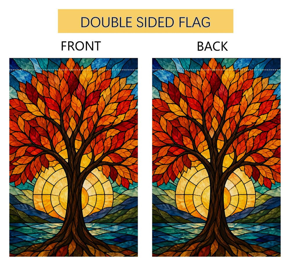 BLKWHT Fall Garden Flag in a garden setting with autumn leaves