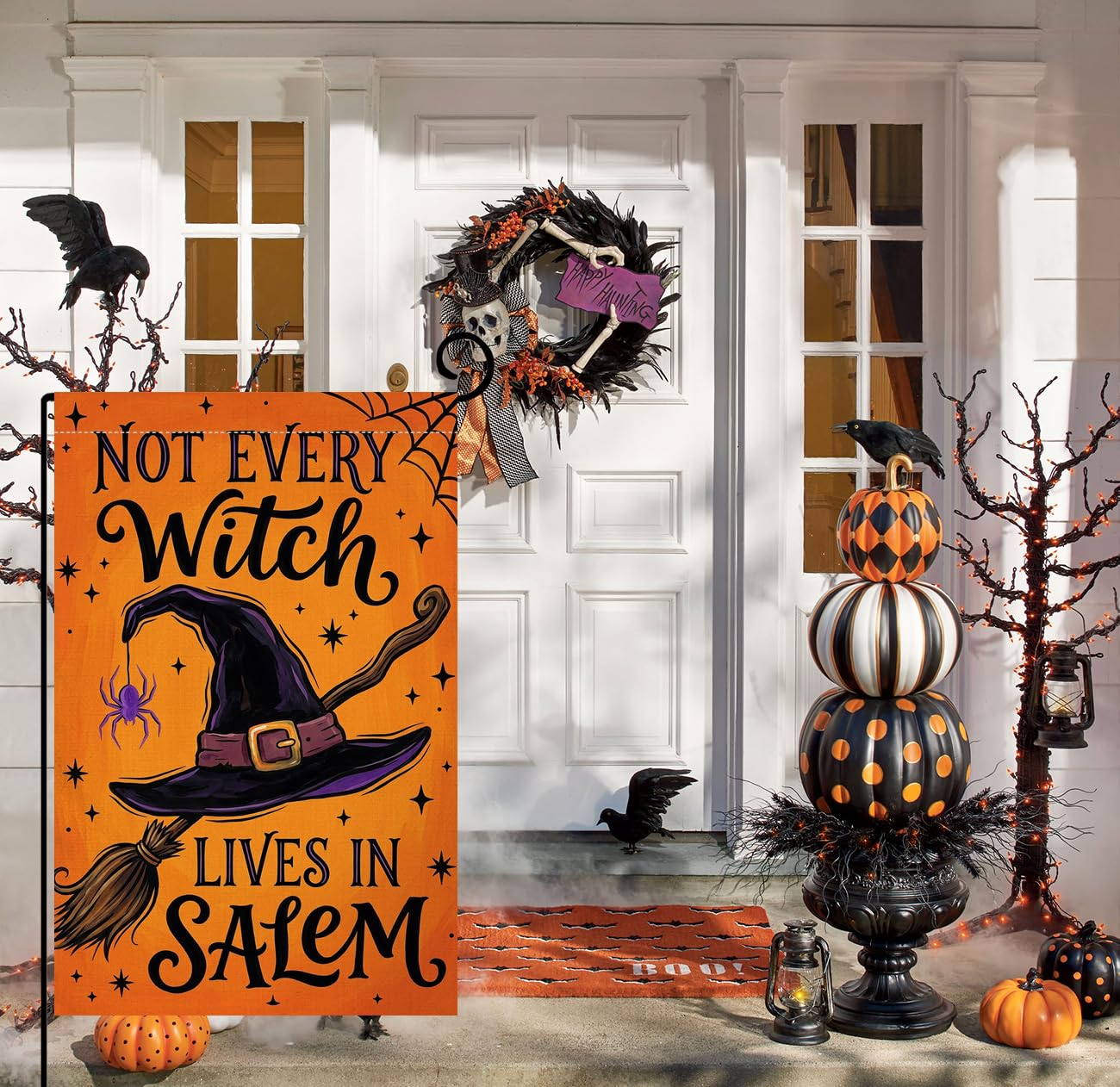 BLKWHT Halloween Garden Flag back view showing double-sided design