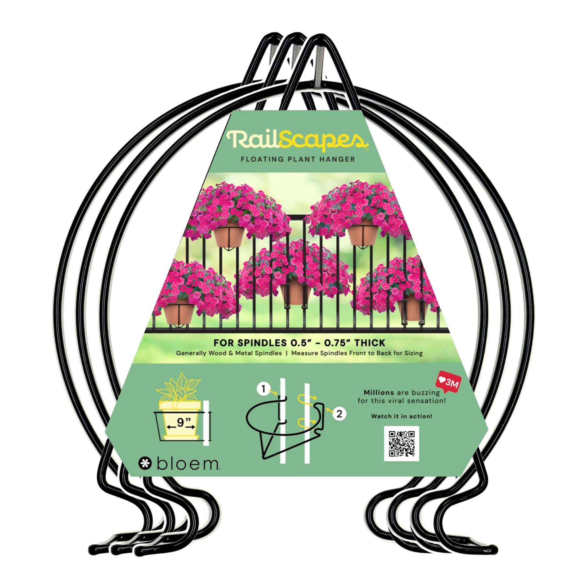 Bloem Railing Plant Clip set of three, black colour