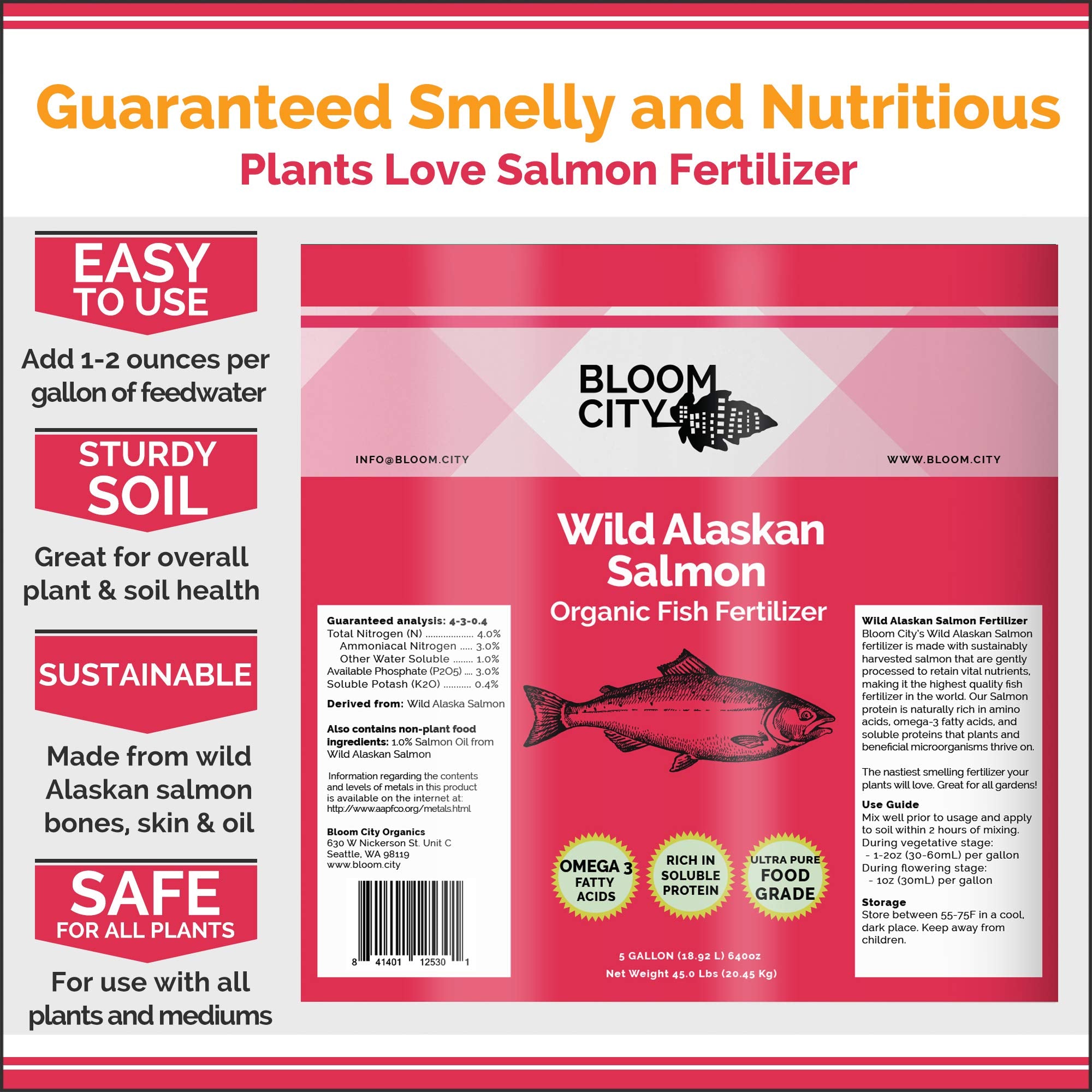 Bloom City Organic Wild Fish Fertilizer 1 Gal back view with nutritional information