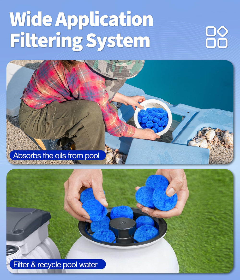 BluClear Pool Filter Balls beside traditional filter sand for comparison