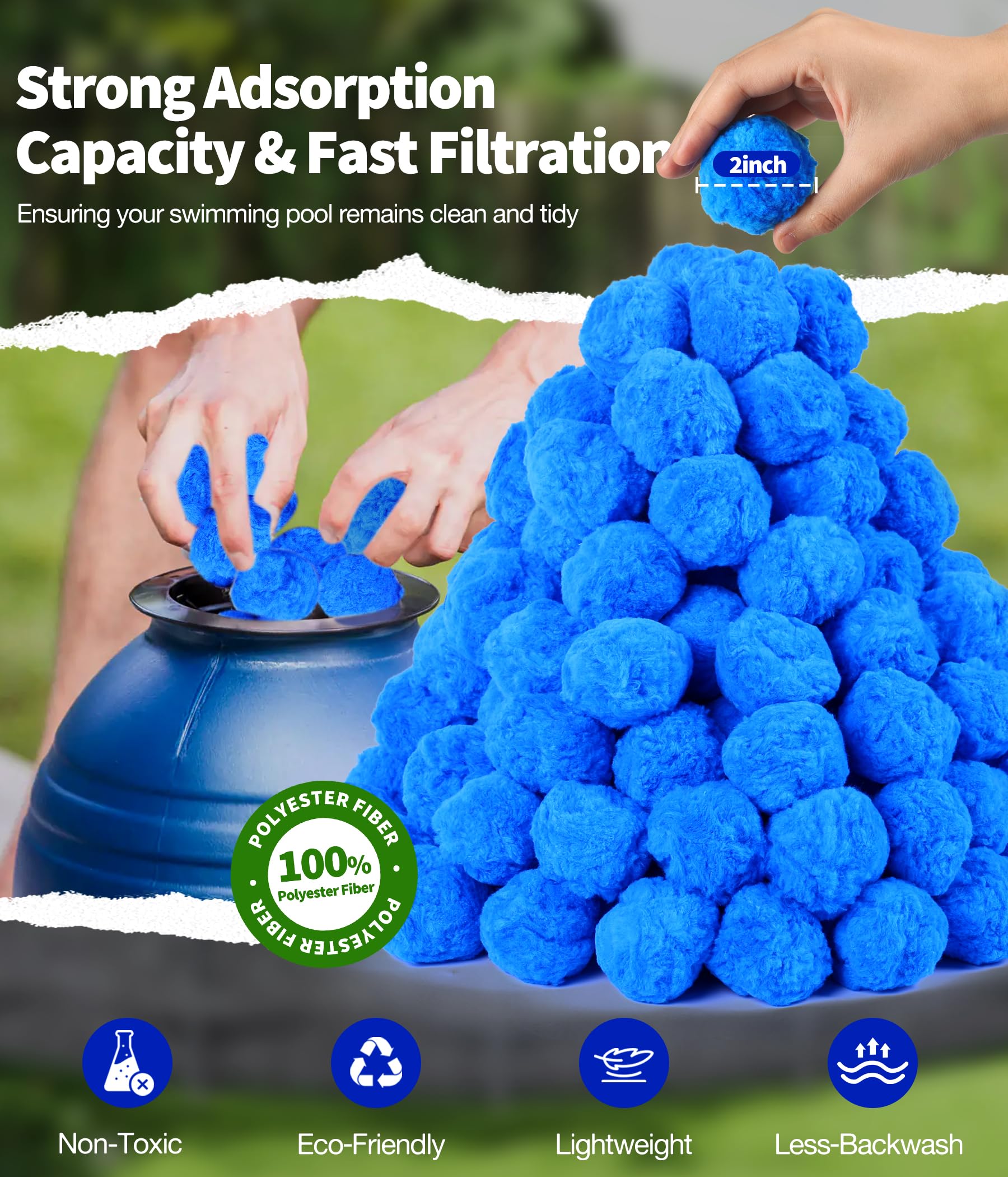 BluClear Pool Filter Balls displayed in a swimming pool setting