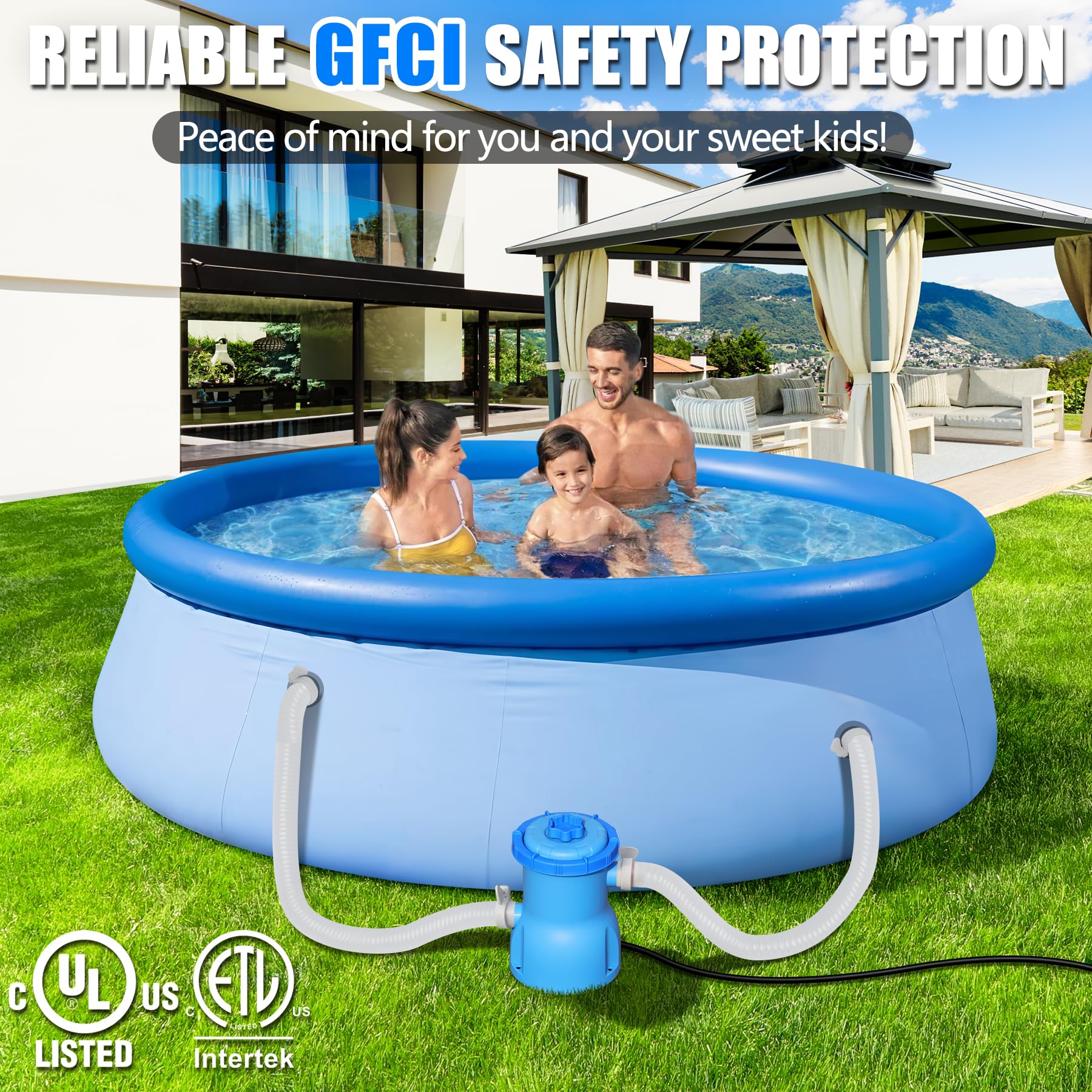 BluClear pool filter pump in an above ground pool setting