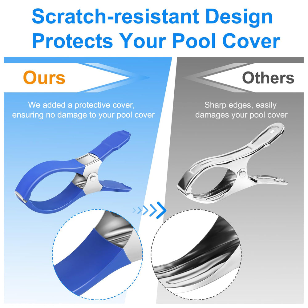 Blue Fabflame pool cover clips with anti-tear design