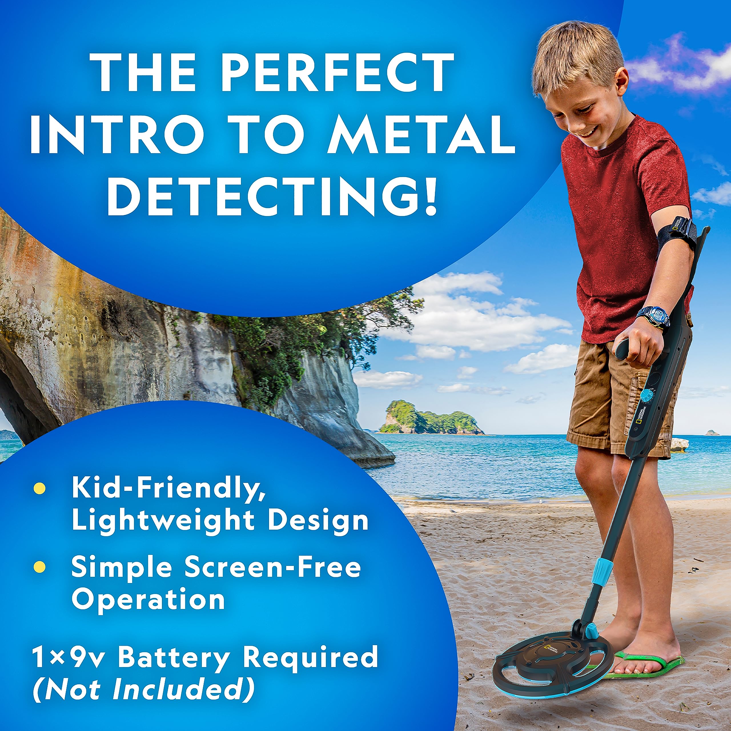 Blue Marble metal detector with adjustable arm and trowel