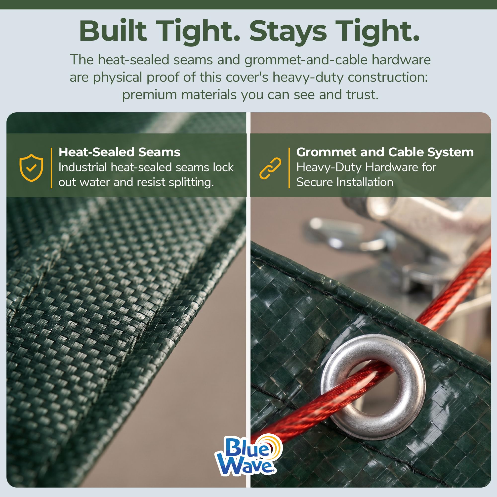 Blue Wave pool cover demonstrating reinforced seams