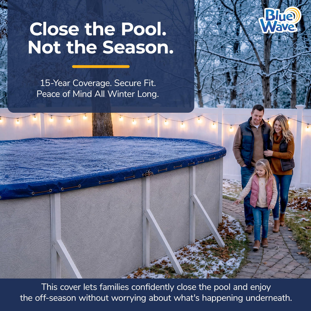 Blue Wave Pool Cover packaging and included accessories
