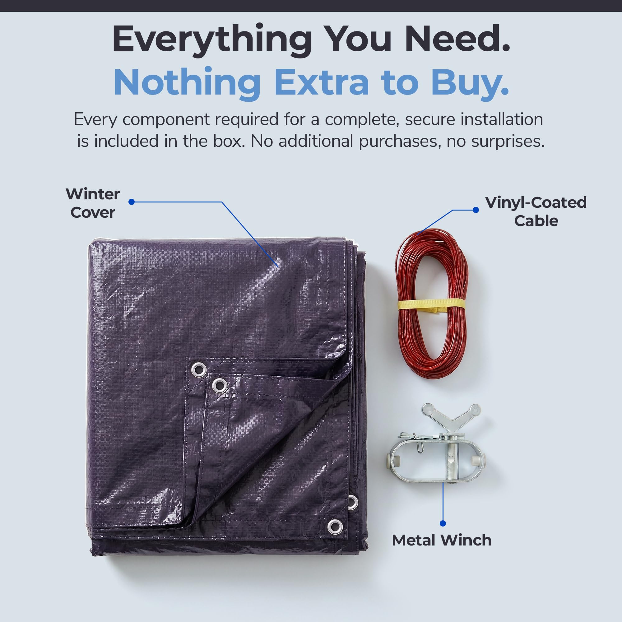 Blue Wave pool cover packaging and included hardware