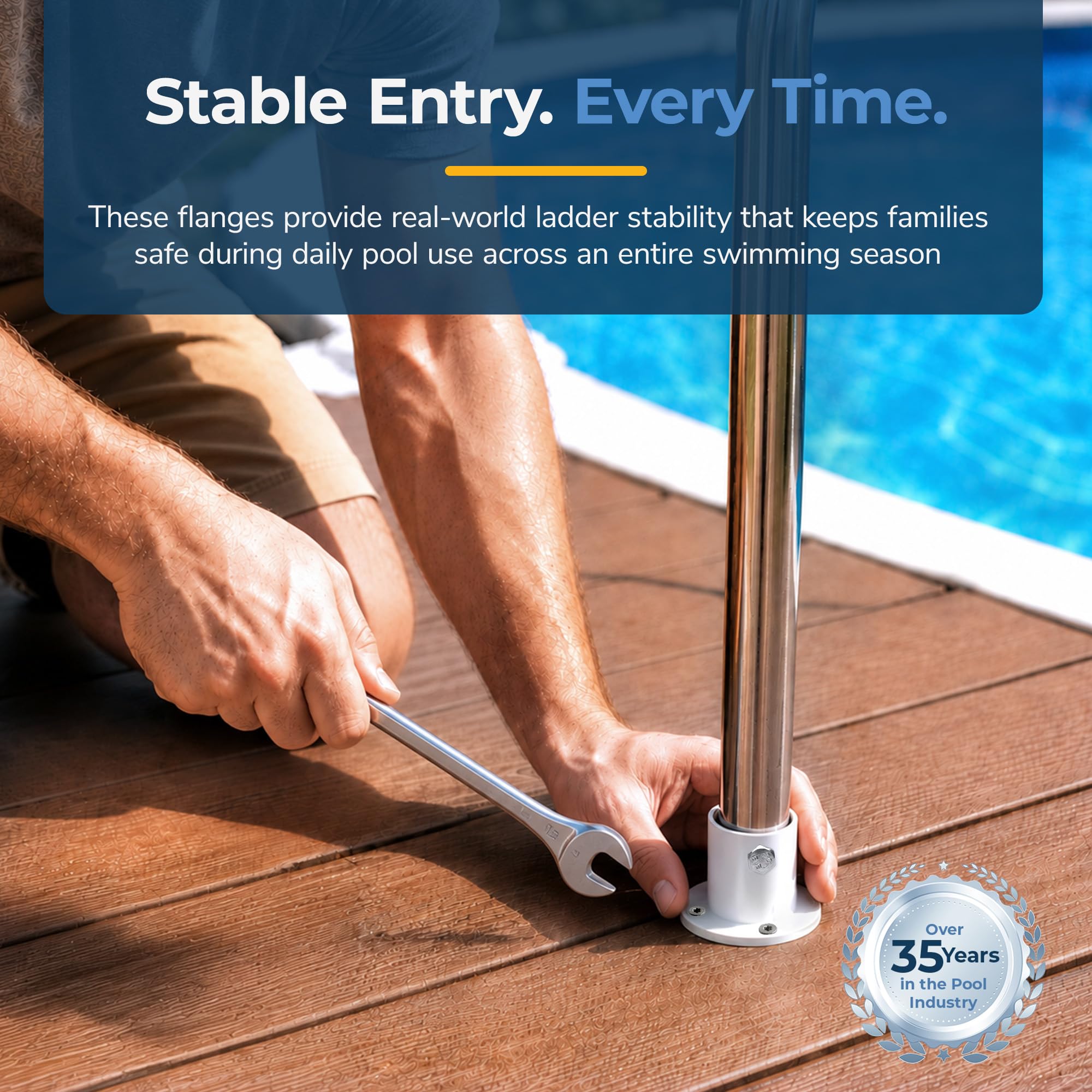 Blue Wave pool ladder flange dimensions on a ruler