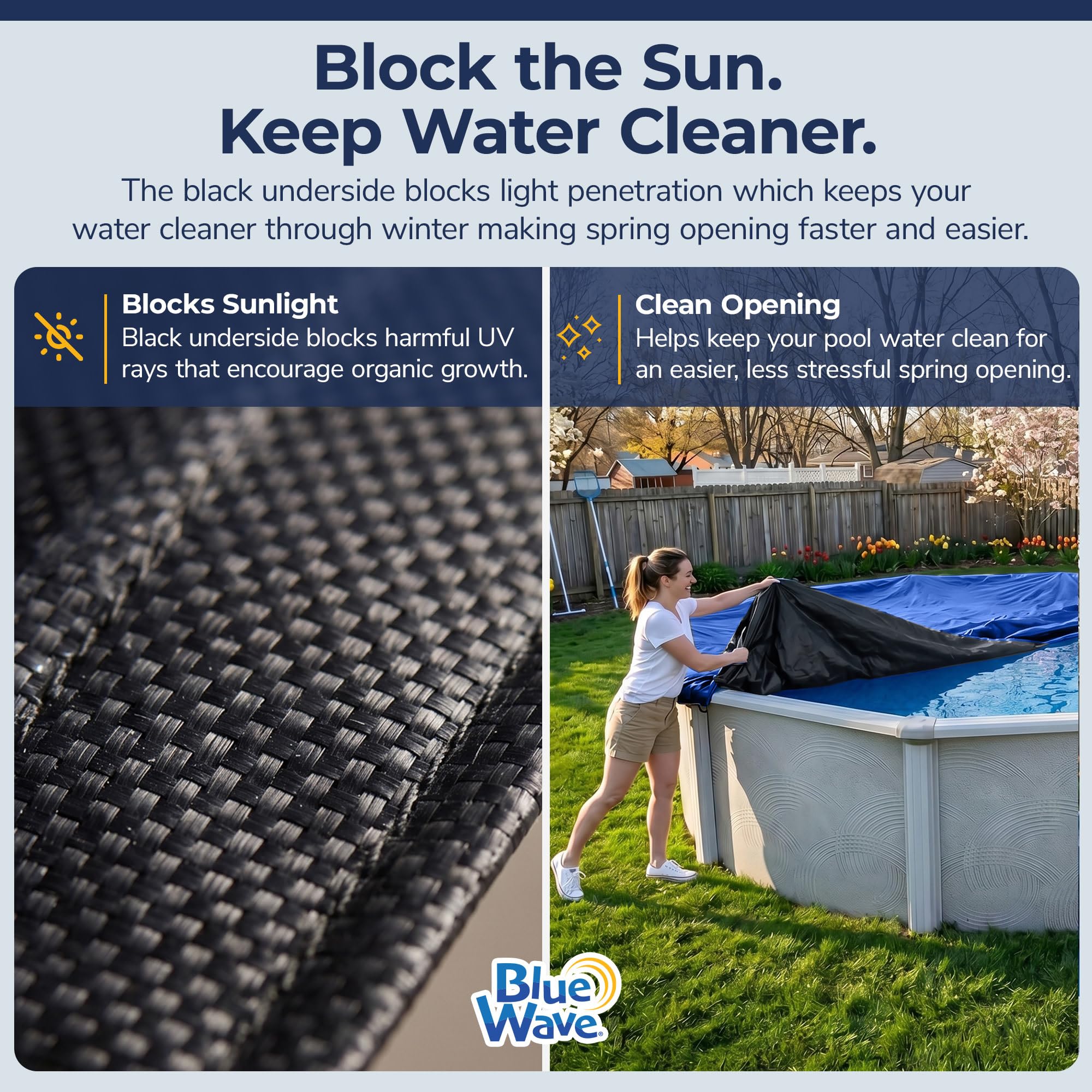 Blue Wave Pool Winter Cover secured over an oval pool
