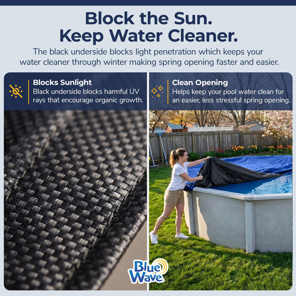 Blue Wave Pool Winter Cover secured over an oval pool