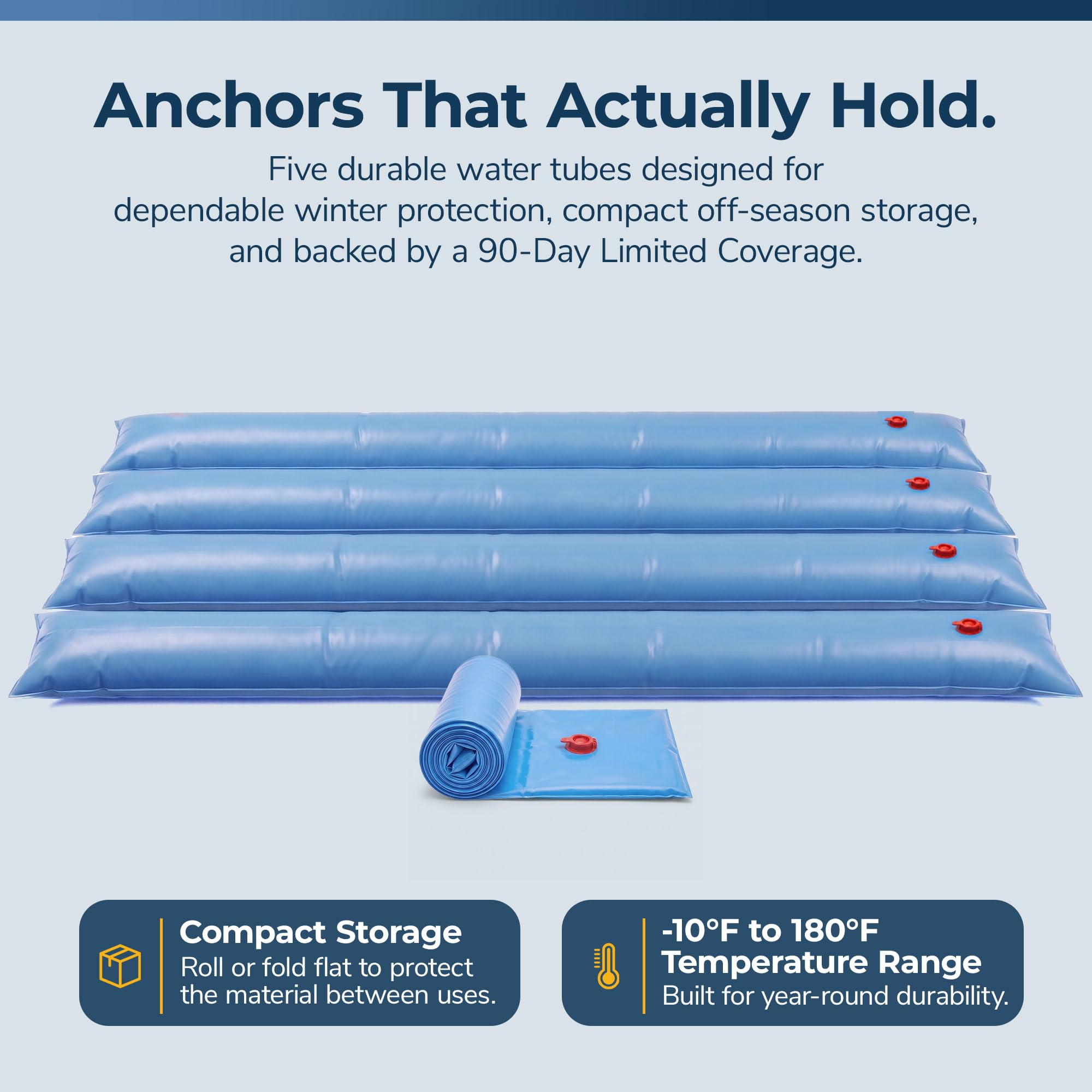 Blue Wave water tubes used to anchor a tarp outdoors