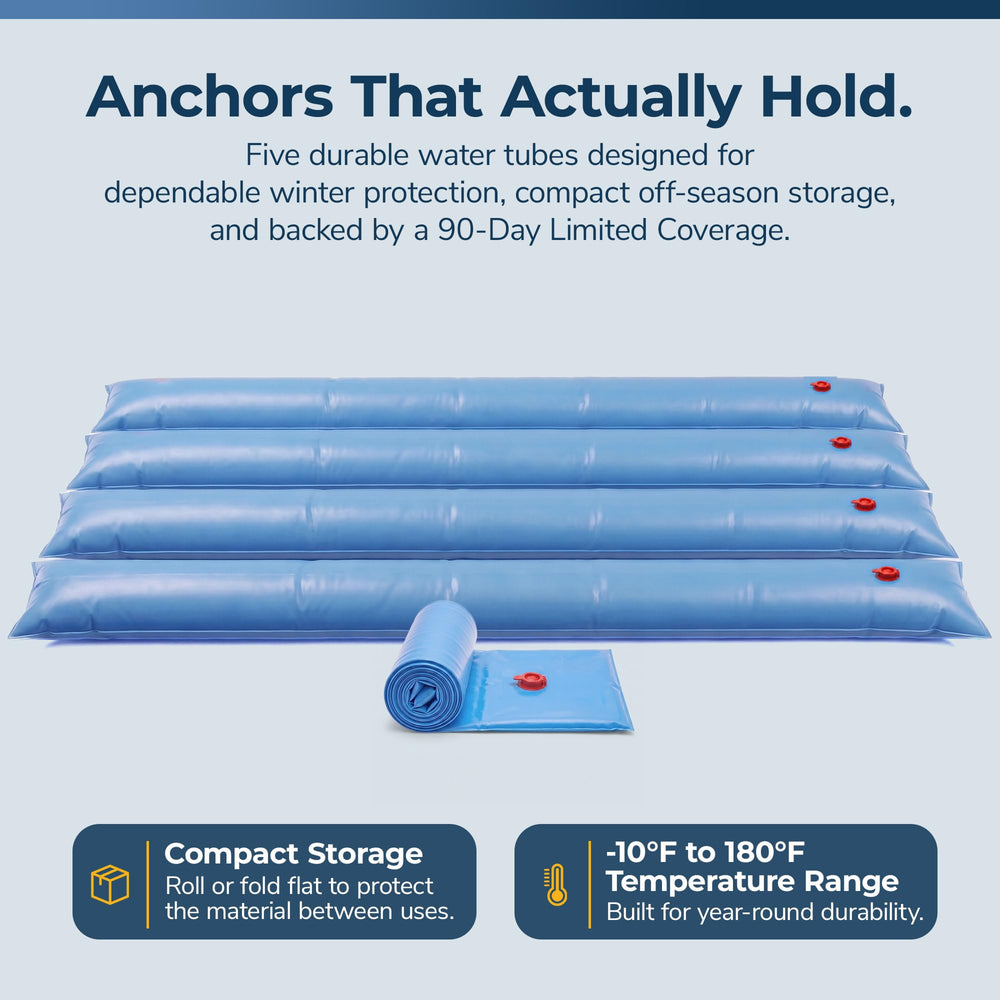 Blue Wave water tubes used to anchor a tarp outdoors