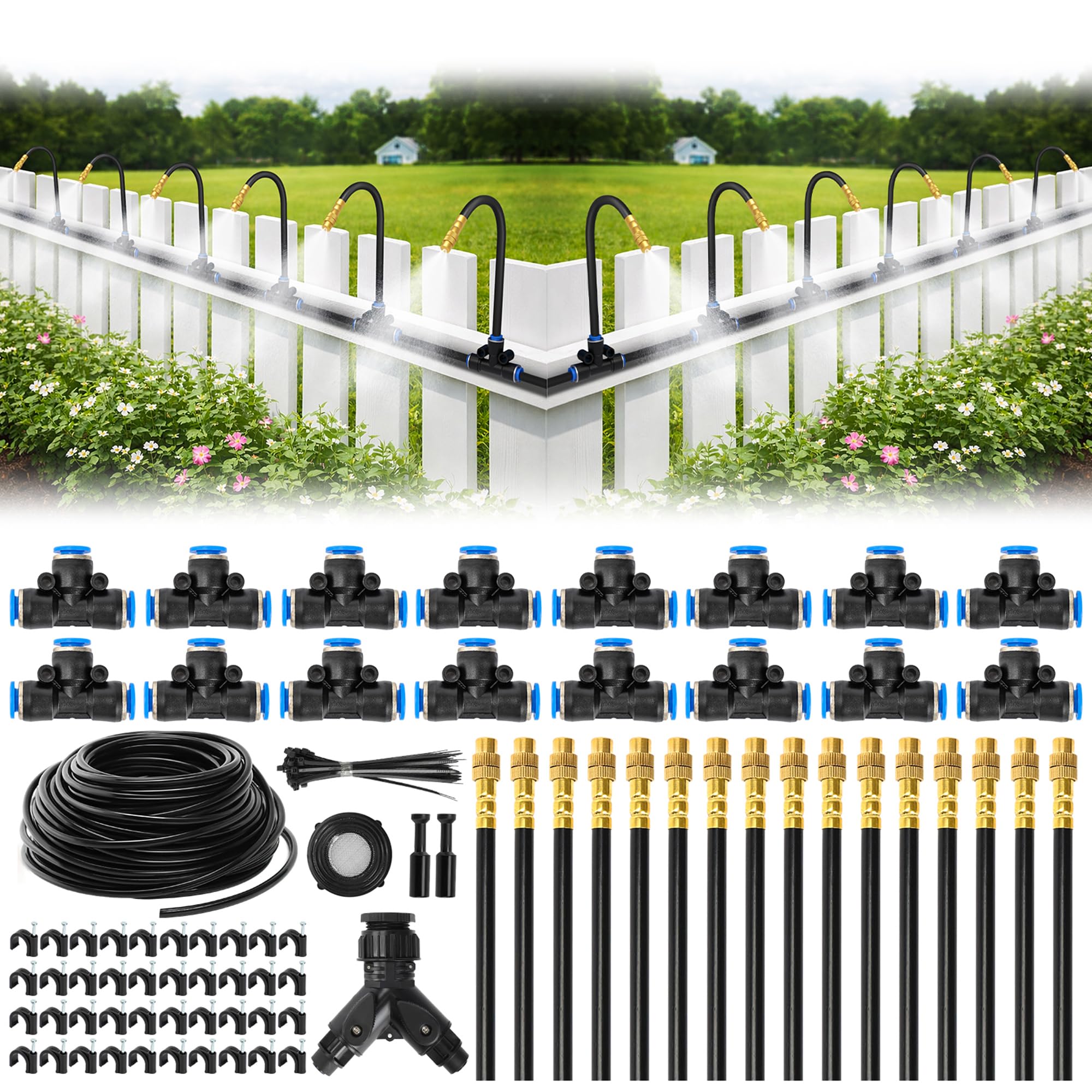 Bluepro 100FT Drip Irrigation System components including tubing and nozzles