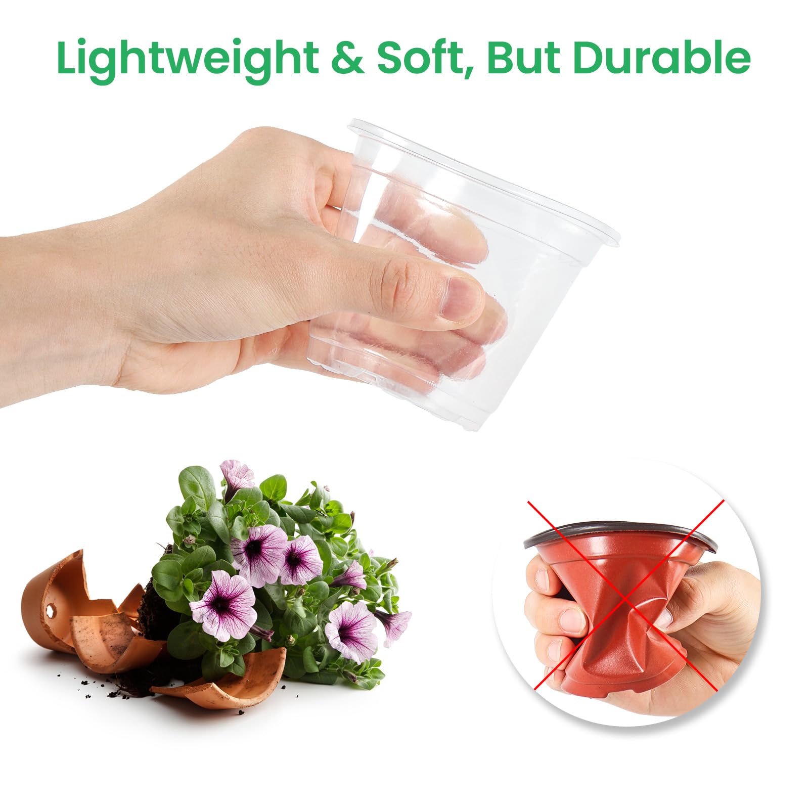 Bluepro nursery pots in three sizes on a wooden surface