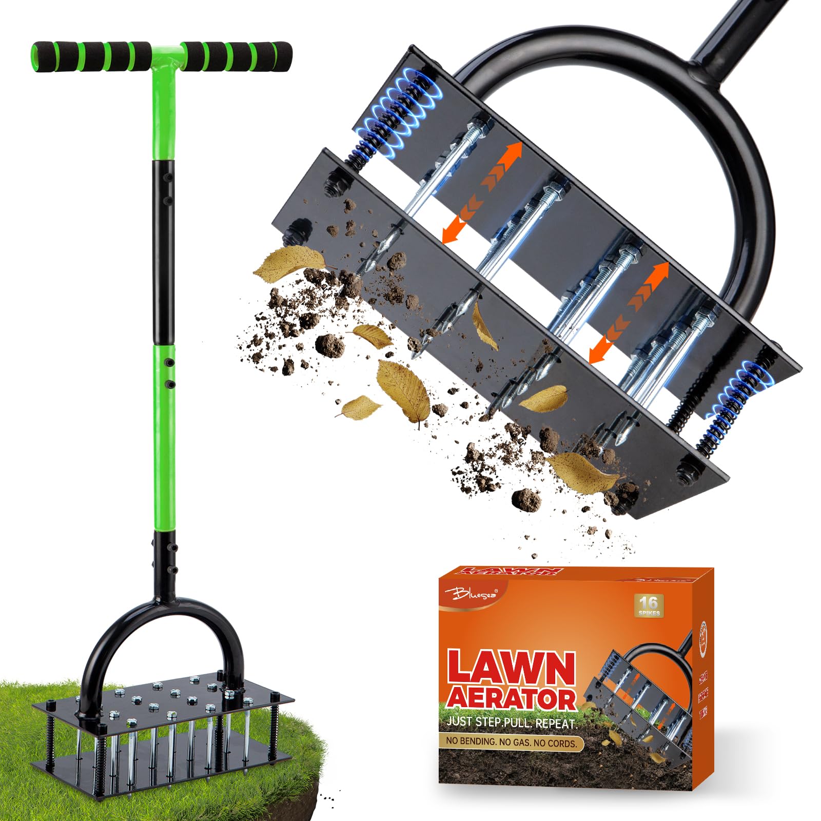 Bluesea Lawn Aerator front view with 16 spikes