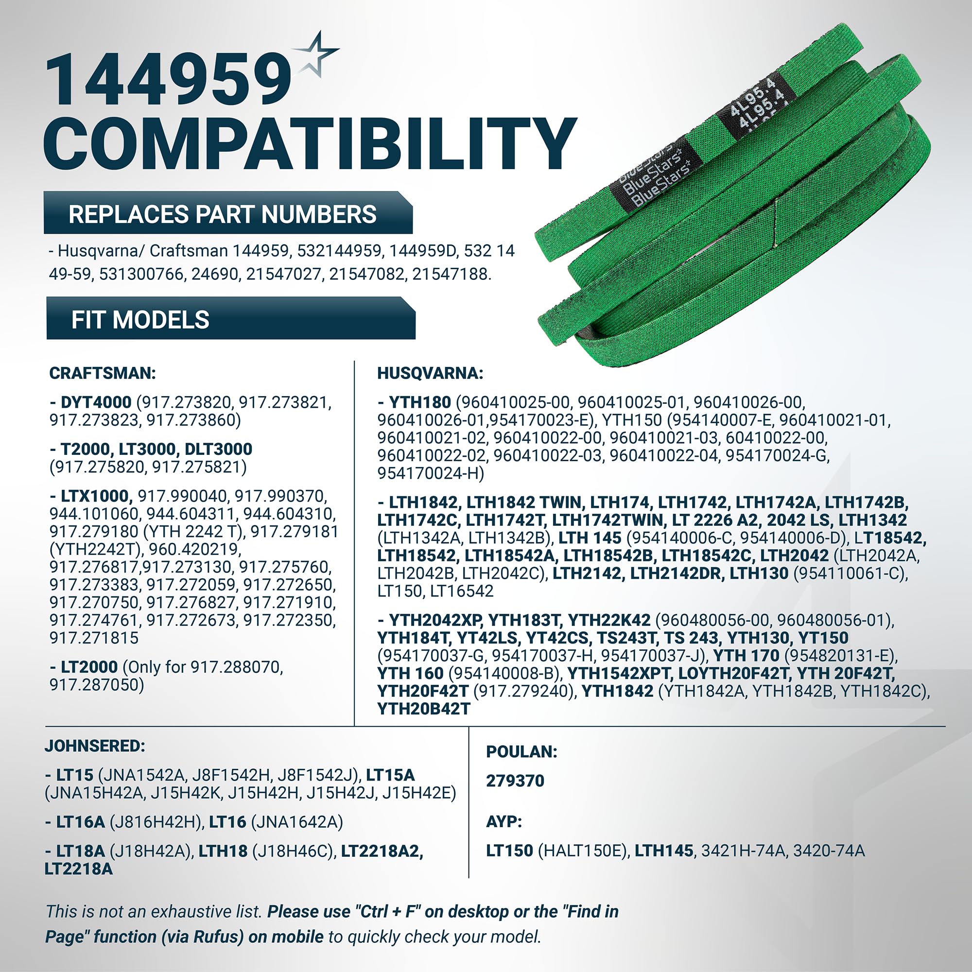 BlueStars 144959 Deck Belt with part numbers listed