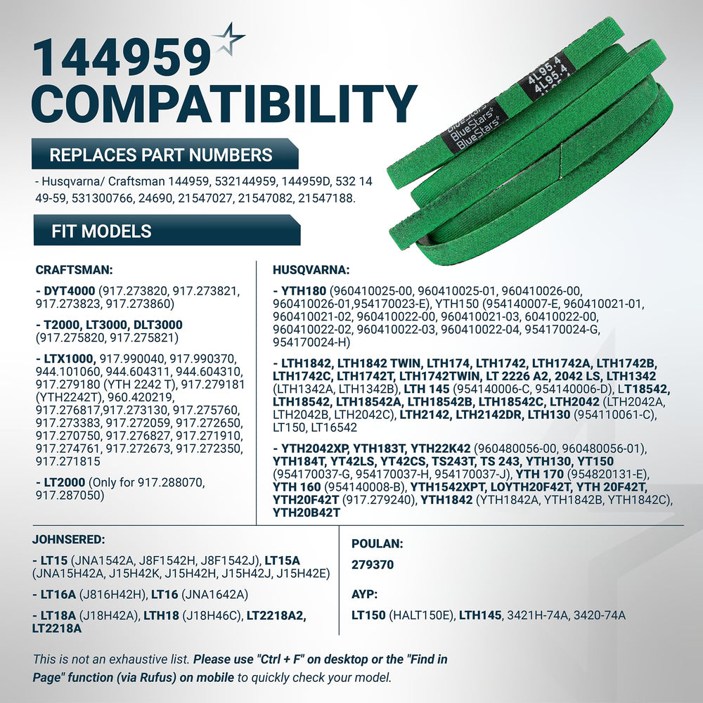 BlueStars 144959 Deck Belt with part numbers listed