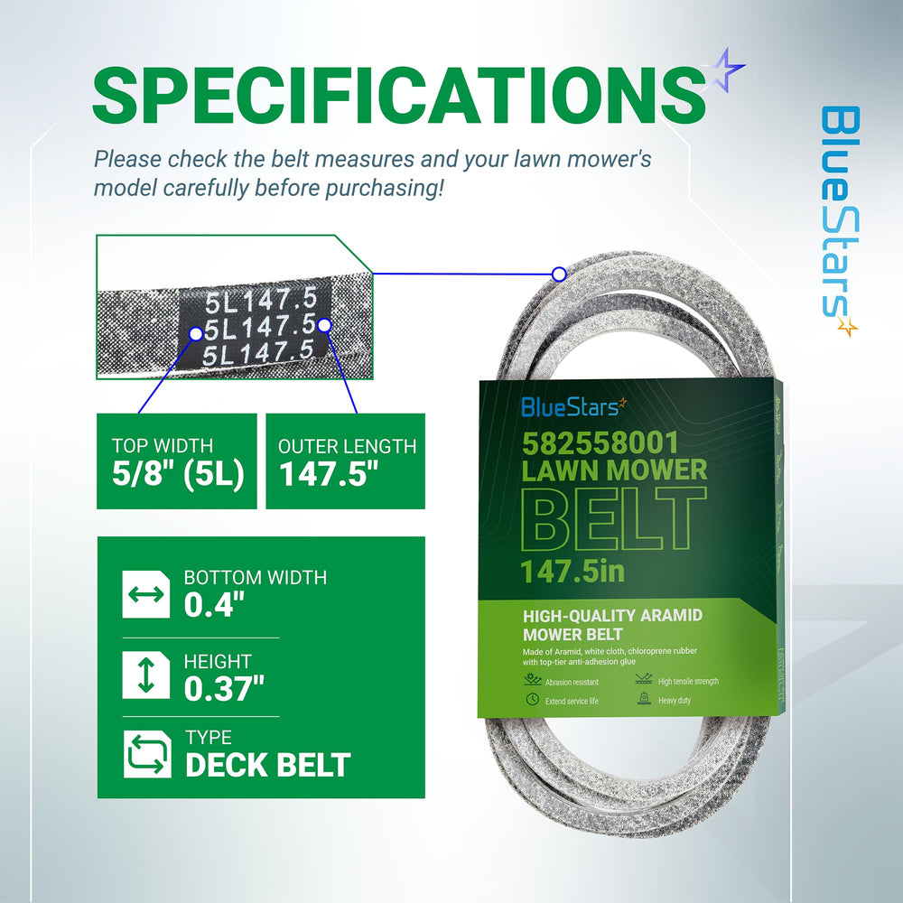 BlueStars Deck Belt specifications showing dimensions