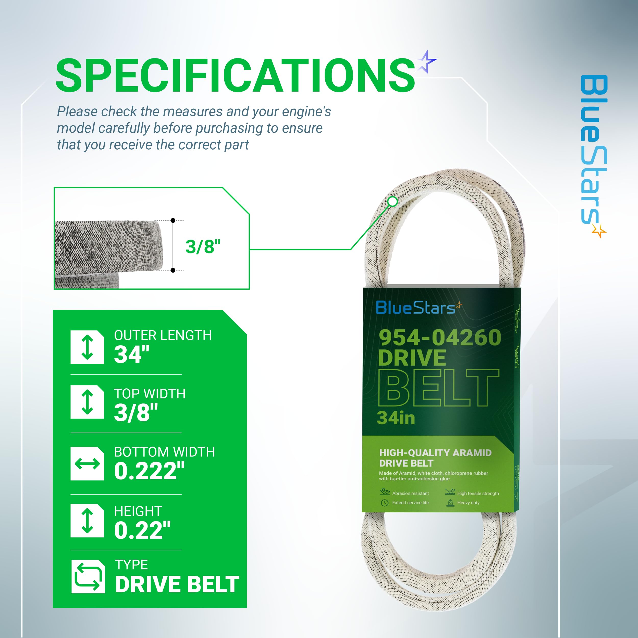 BlueStars Drive Belt packaging showing model number