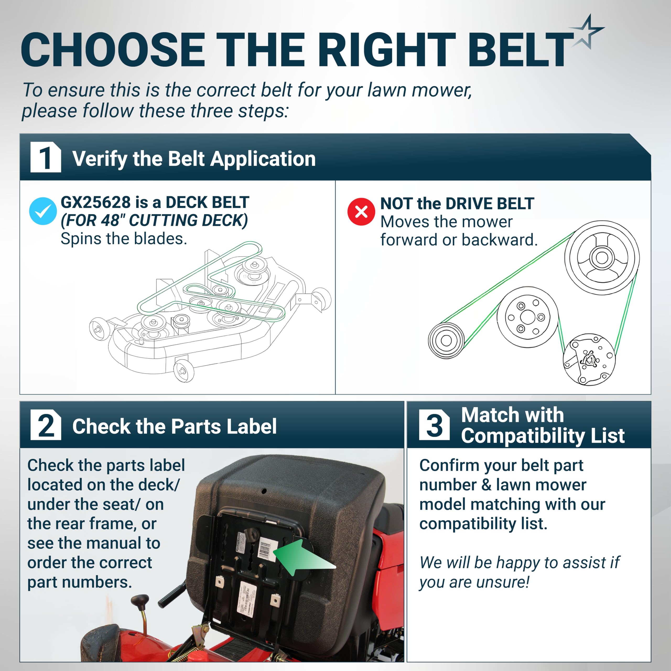 BlueStars GX25628 Deck Belt comparison with standard belts