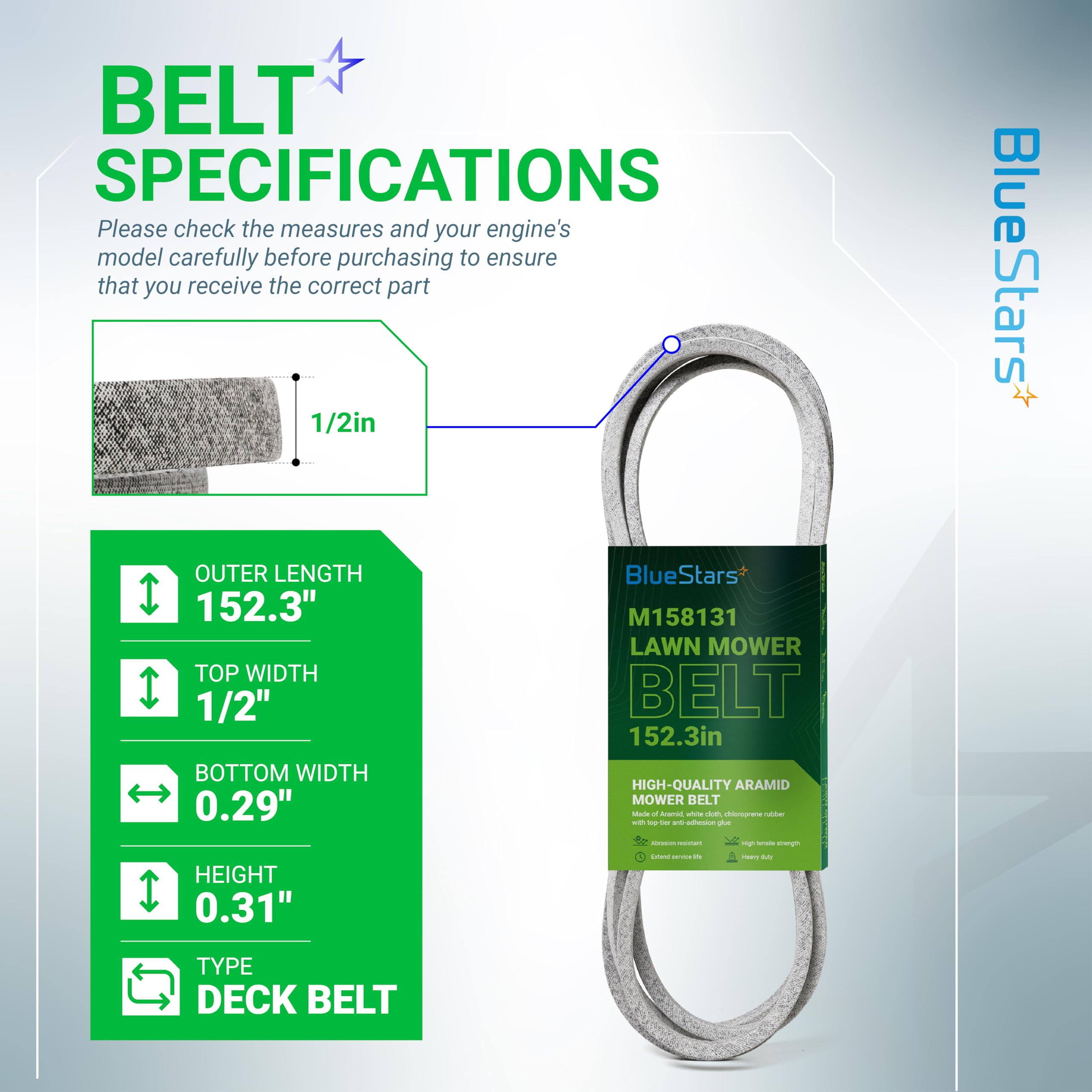 BlueStars M158131 Mower Deck Belt packaging with specifications