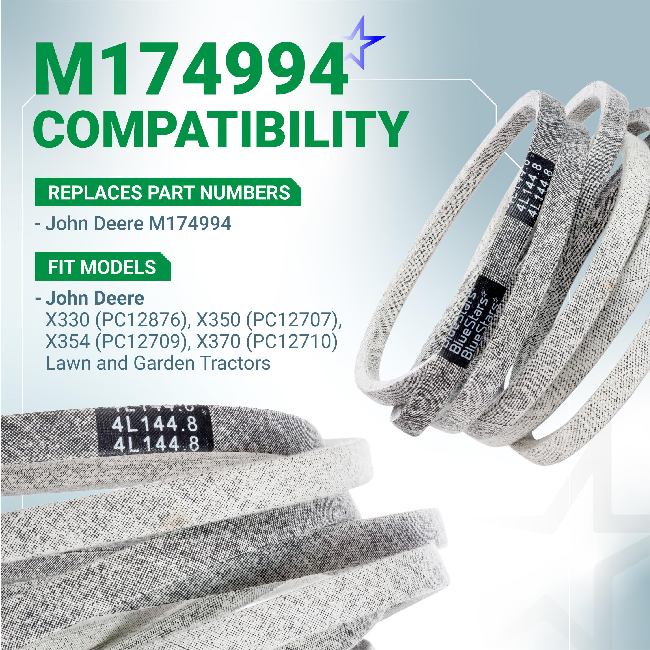 BlueStars M174994 Mower Deck Belt packaging with dimensions