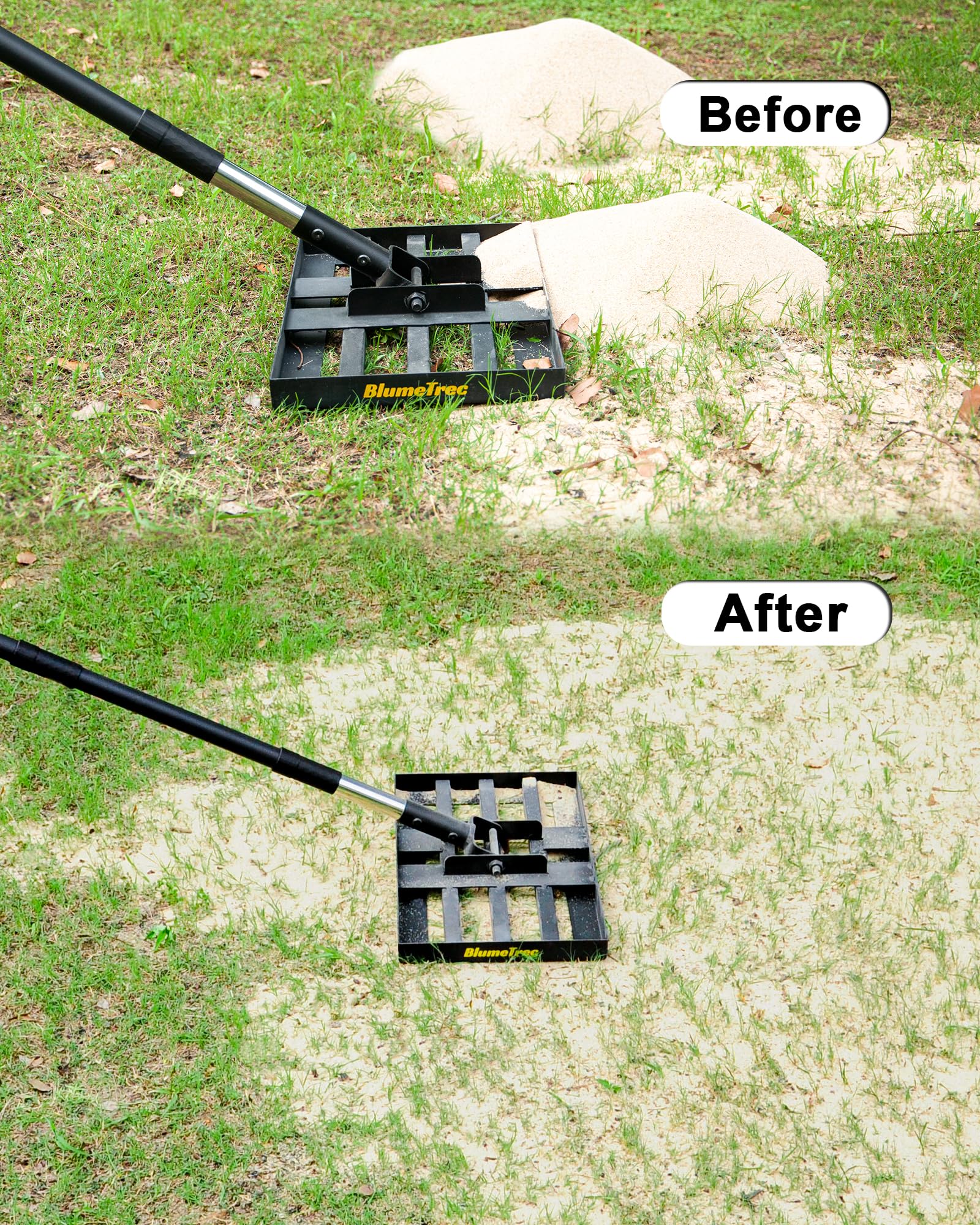 BlumeTrec Lawn Leveling Rake used on a lawn