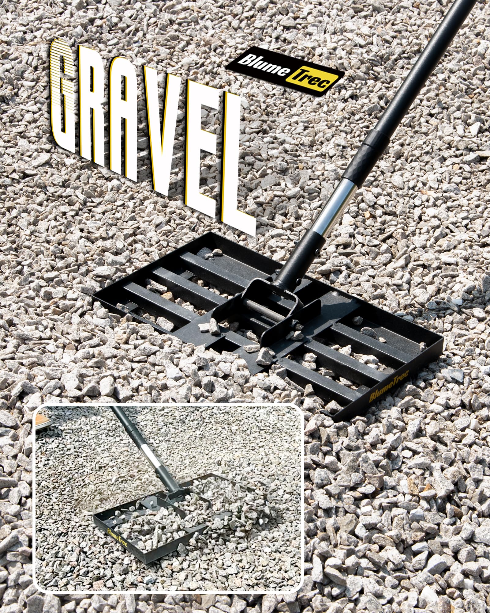 BlumeTrec leveling rake showing the stainless steel handle