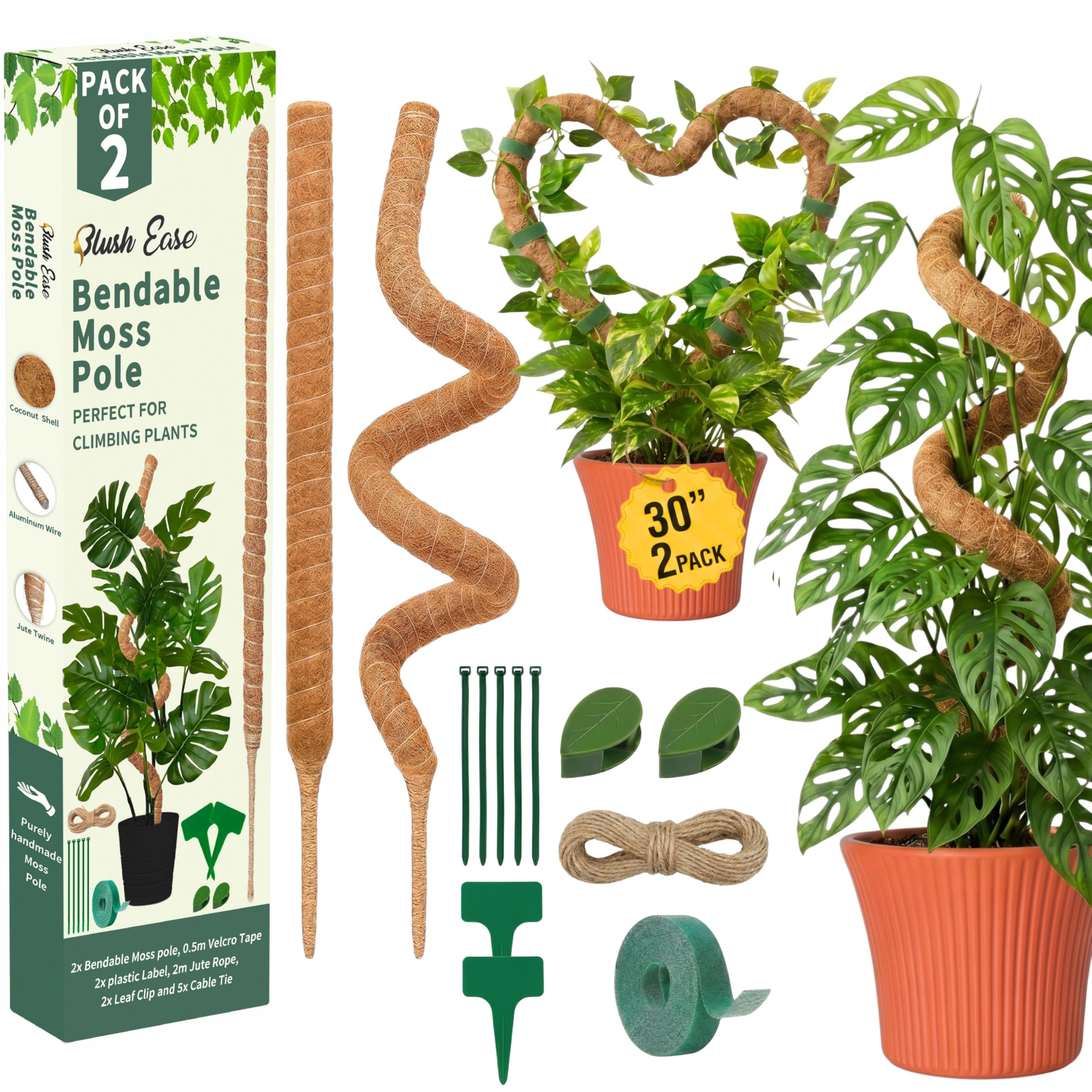 Blush Ease 30-inch bendable moss pole front view with accessories
