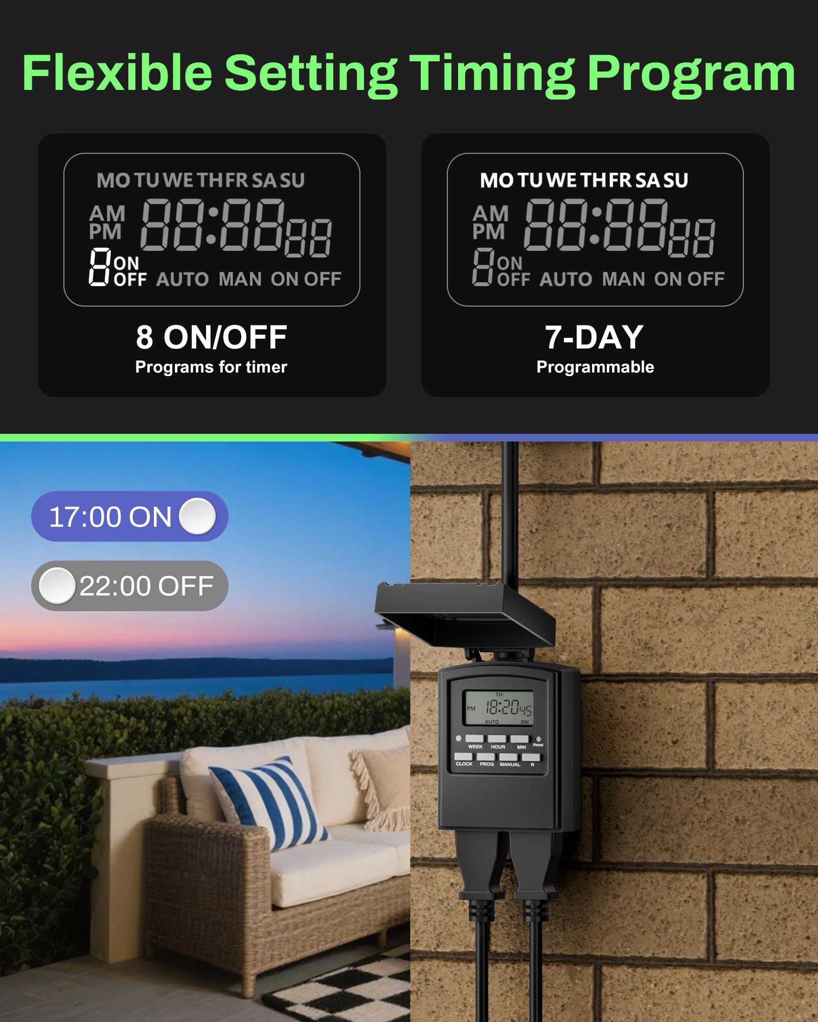 BN-LINK timer installed outdoors with patio lights